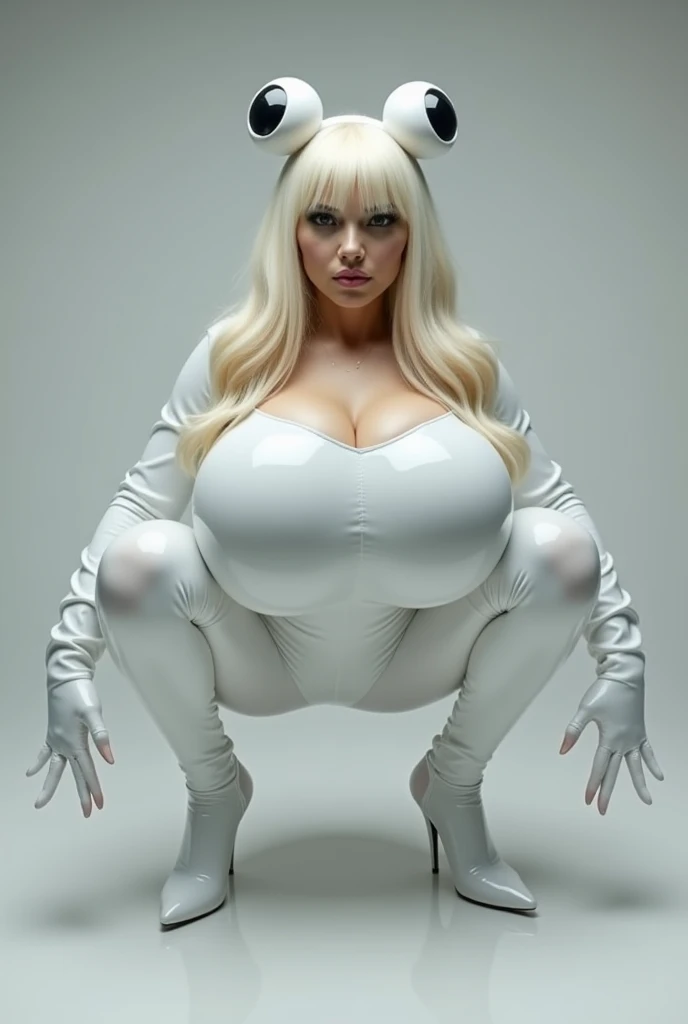 pregnant woman, (glossy white latex レオタード costume, glossy costume with reflective surface), full body shot, thigh high boot, makeup, long eyelashes, red lipstick, in a hospital room, good lighting, plump body, very big breasts, pregnant woman,