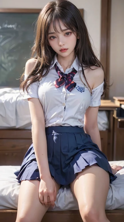 2 high school girls, ((2 girls 1:1)) ultra realistic, ultra detailed, best quality, 8k, wallpaper, both front, looking at the viewer, both lying on the bed, ((legs open 1:1)), both in collegiate uniform, pleated skirt, raised skirt, skirt lifted, showing panties, tiny panties, tight panties, ((white panties)), panty view, upskirt, cameltoe, pantyshot, RAW,