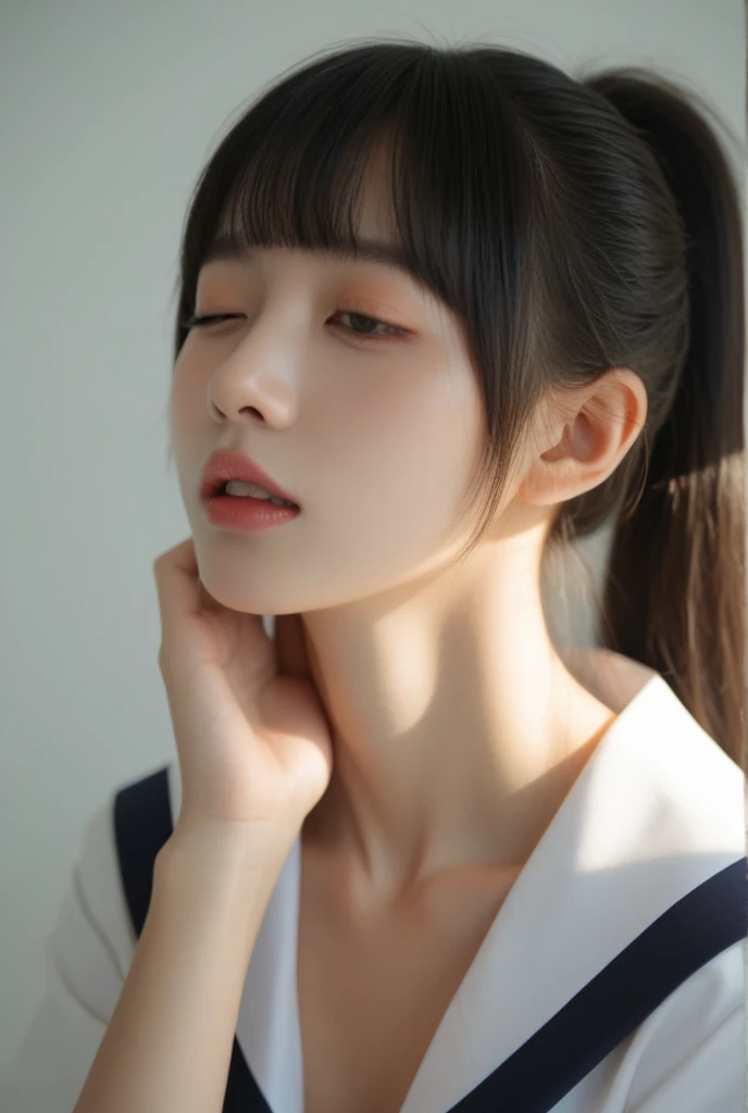 Focus on the face、((close your eyes))、((15-year-old high school girl))、((highest quality, 8k, masterpiece:1.3, 1 girl, beautiful girl)), High resolution, cute, dynamism, Detailed face, Detailed skin, fine grain, Detailed lips, Realistic, RAW Photos, Natural light, Perfect Anatomy, Dynamic pose, ((Round big ass)), Toned Legs, double eyelid, Tear bags, Round eyes, Moist lips, Mouth Details, Detailed tongue, Japanese Girls, Black Hair, bangs, (Navy one-piece school swimsuit), In the classroom, indoor, Detailed clothing, Sweaty, Wet clothes, Wet Hair, smile,(( cuteヘアスタイル))