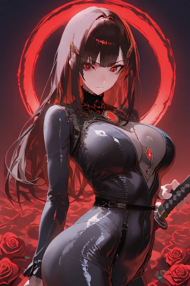 Android woman, short black hair, red eyes dripping with blood,Pale skin, huge breasts, defined, dressed in black symbiotic attire with red details, holding a baby in one hand and the other holding a scythe, base background on an oceanic planet,Red light
