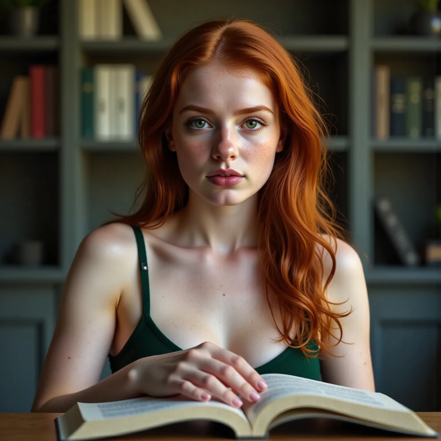 ((portrait+ style)), ((modelshoot style)), ((nsfw)), ((nudity)), ((analog style)), ((photo)), a (((naked))) ((woman:1.5)) reading a (book) in a (library) , ((boobs)), (tits), nipples, ((nude)), detailed face, beatutiful face, beautiful eyes, redhead, ((ginger))