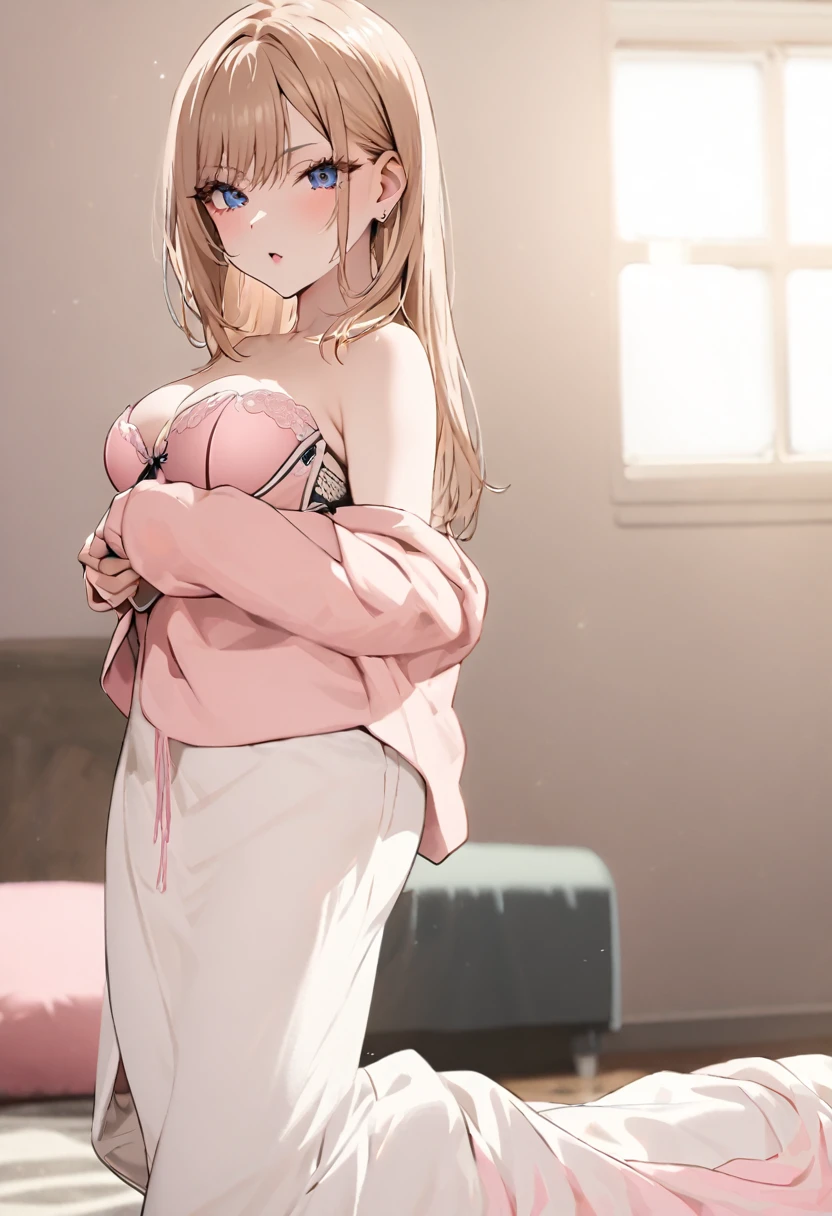 (pink color bra:1.5),(Silk bra), ①morning,(lighting forward:1.9) .
②:Highest quality, Anime Moe Art Style,最高のアニメ8Kこなちゃんの壁紙,pixiv Contest Winner,Perfect Anatomy, Very detailed,High resolution,Very detailed肌, Professional Lighting,8K ,
③:(One Girl:1.6), (Young),(alone,13 years old:1.8),high school student, (short hair:1.4), (straight hair:1.6),(normal breasts),(hair over one eye:1.8),(light blonde hair:1.8),Complete limbs,Full Finger, blue eyes, Big Eyes,hairpin, beautiful detailed eyes, (pale skin:1.5),one eye closed,sparkling pupils,(tareme).
④:(from front),(close up:1.4).
⑤:,((red polo shirt:1.5)),(show off bra:1.9),(darkgreen pencil skirt:1.5).
⑥:,undressing,(changing clothes:1.9).
⑦:,(panicking),(surprised:1.5),(screaming:1.3).⑧, (narrow Changing room:1.9).