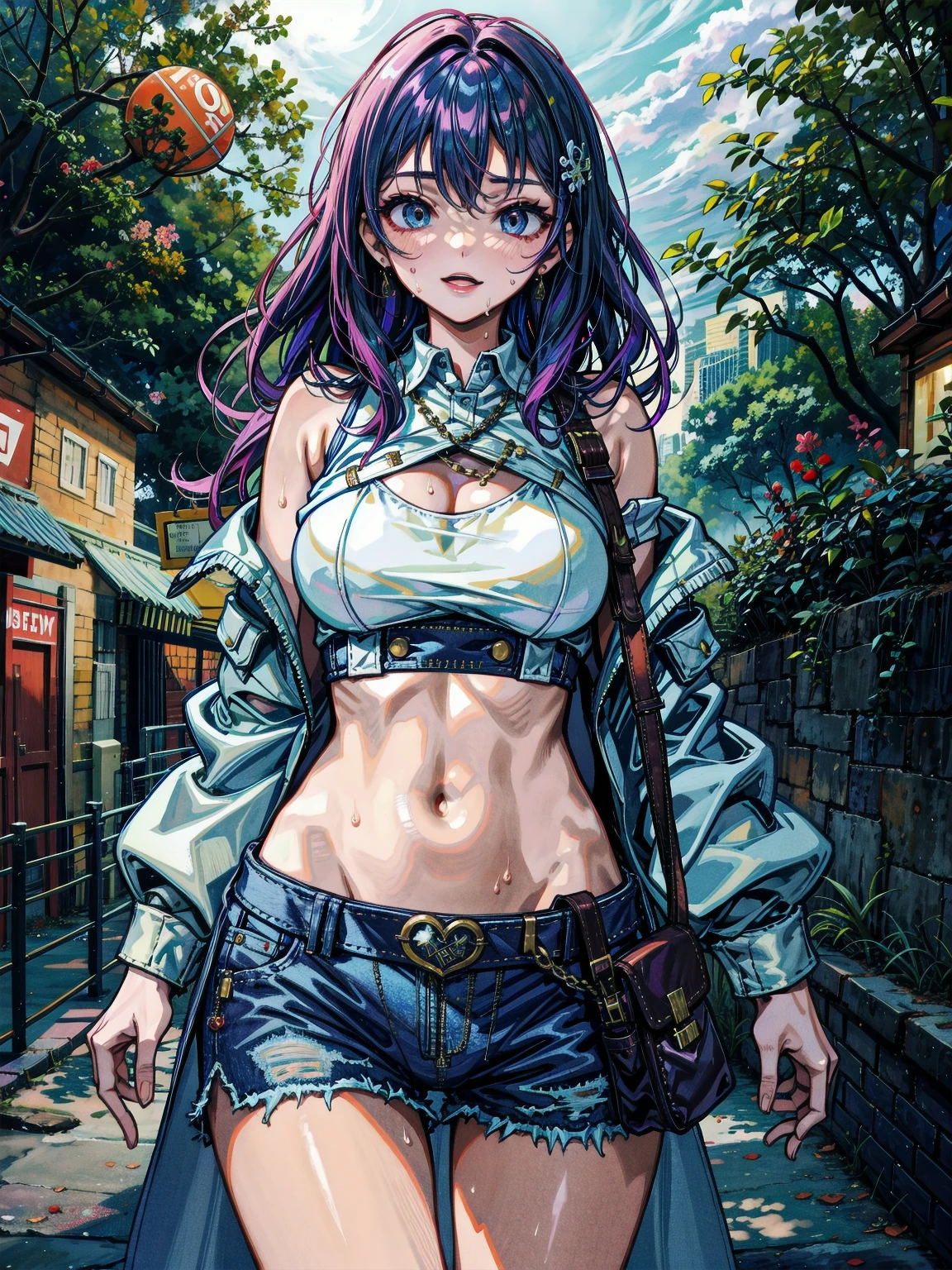 steampunk world. 1.5, Sexy girl, long purple hair, plaid miniskirt, belt rope, small breasts, tight tank top, art inspired by Bill Sienkiewicz
