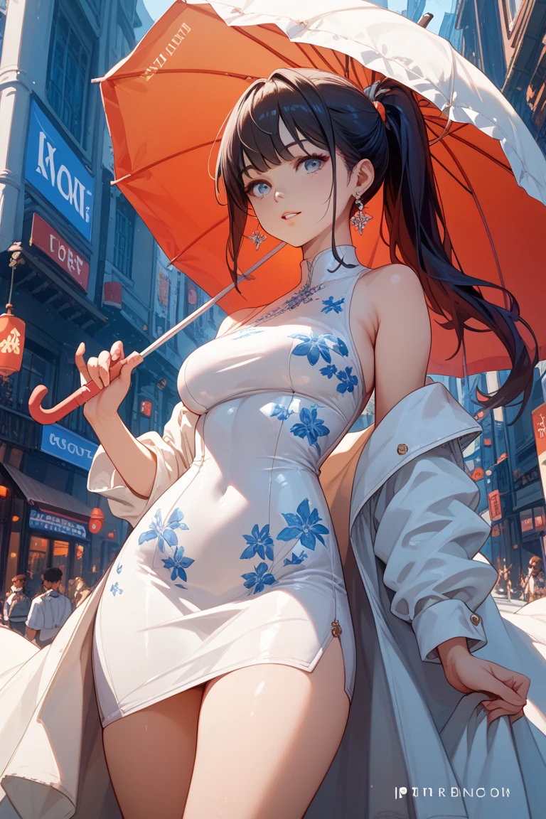 (​masterpiece), (top-quality), (ultra-quality), (ultra-quality), 1girl, (have a delicate and beautiful body,), a smile、Delicate china clothes、A dark-haired、Dumpling Hair、Background with、Beautiful and delicate Chinatown、