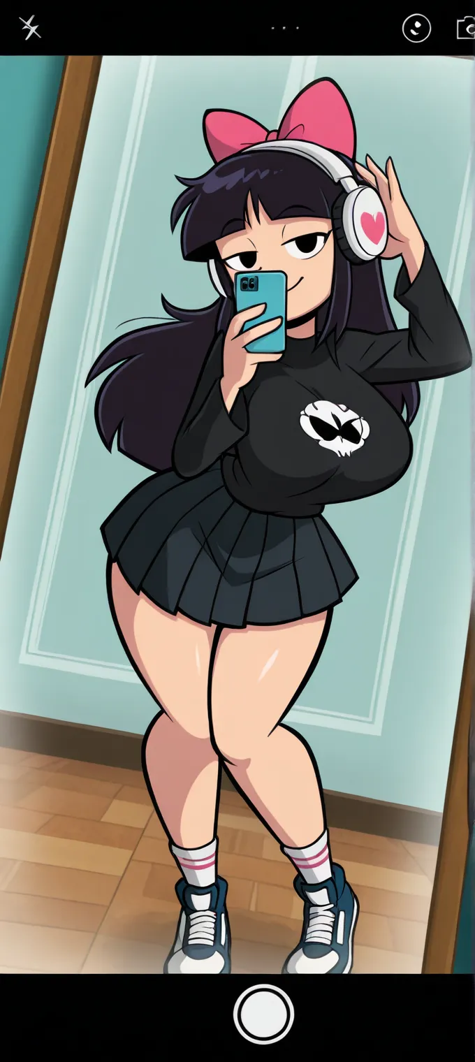 Shego, 1 beautiful woman, chubby, large body, thick thighs, large chest, straight hair, black hair, eyelid makeup, black button-down blouse, cleavage showing, boob window, green tight skirt, thick thighs, sleeping sitting on the bus, black thighhigh boots, eyes closed, cute, hot, thicc, chubby