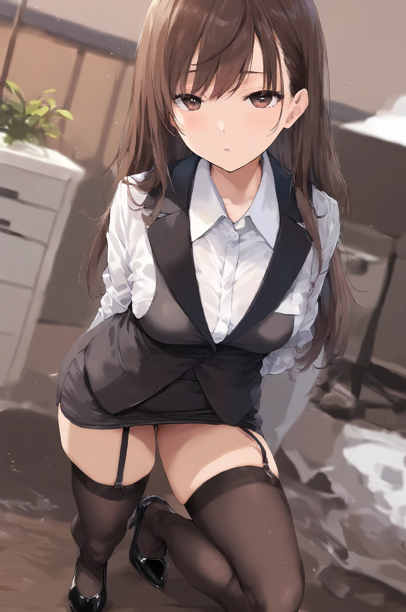 masterpiece, best quality, expressive eyes, perfect face, highly detailed, intricate detailed, atmospheric perspective, solo, 1mature seductive woman leaning on desk, alluring pose, brown semi long hair, neckless, business suit, checked vest, blouse, black pencil skirt, tight mini skirt, large breasts, pantyhose, focus beautiful legs, spread legs, panties, curvy, thighs, high heals, calm smile, from below, office room, at night,