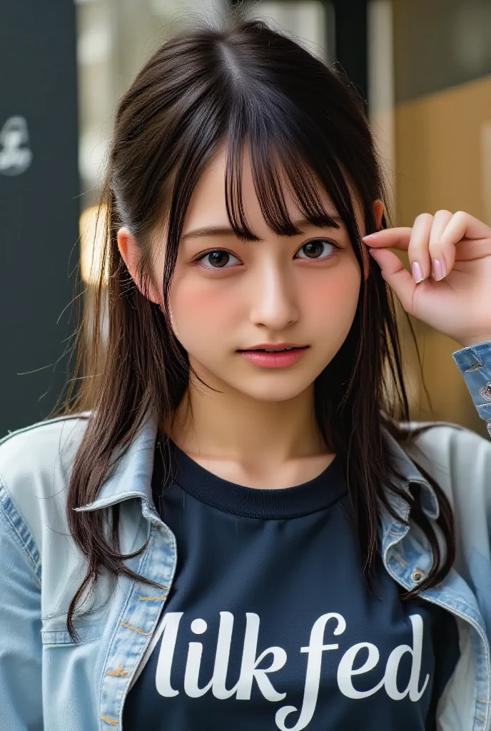 Japanese girl in her 20s、With bangs、long black hair、Staring、Front face