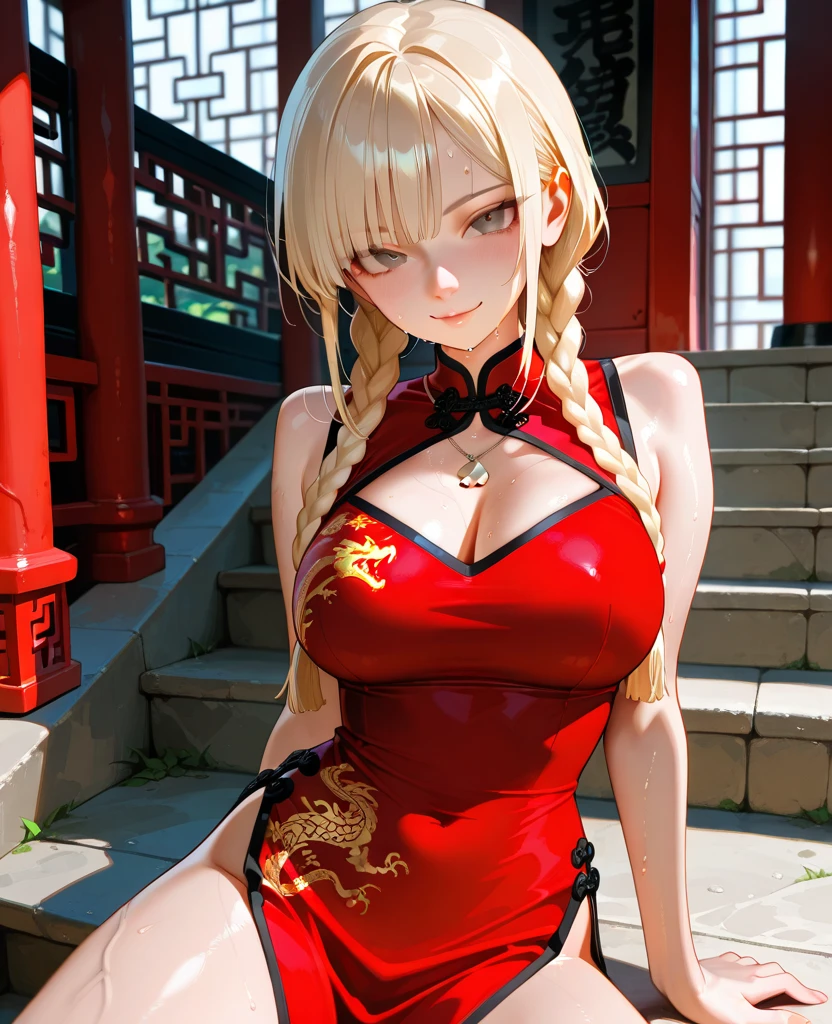 Top quality masterpiece illustrations、Blonde hair and red eyes、Wearing a necklace、Girl in cheongsam looking up、Beautiful face with hair in side ponytail at lower body angle is fair.。