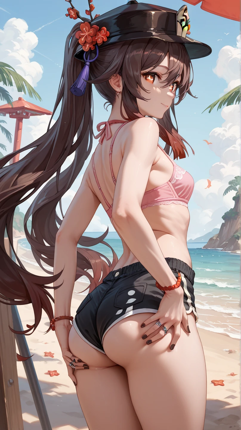 Chic ass, (grab the ass:1.6), Sitting at a desk in a chair, Take a look at us, G-string, detailed G-string, (Long socks), pixie, Black and Red goth clothes, Take a look at us, Soft smile, Skirt, black hair color, red eyes, smug face, Sitting, (barechested:1.3)