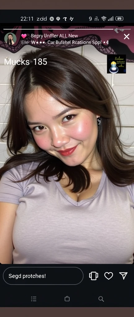 smiling woman sitting in a chair with a blue shirt and black jacket, 8k selfie photograph, 30 years old adorable woman, blushy face, big puffed ,  navel, portrait shot 8 k, selfie shot straight on angle, face picture, low quality picture, looking straight to camera