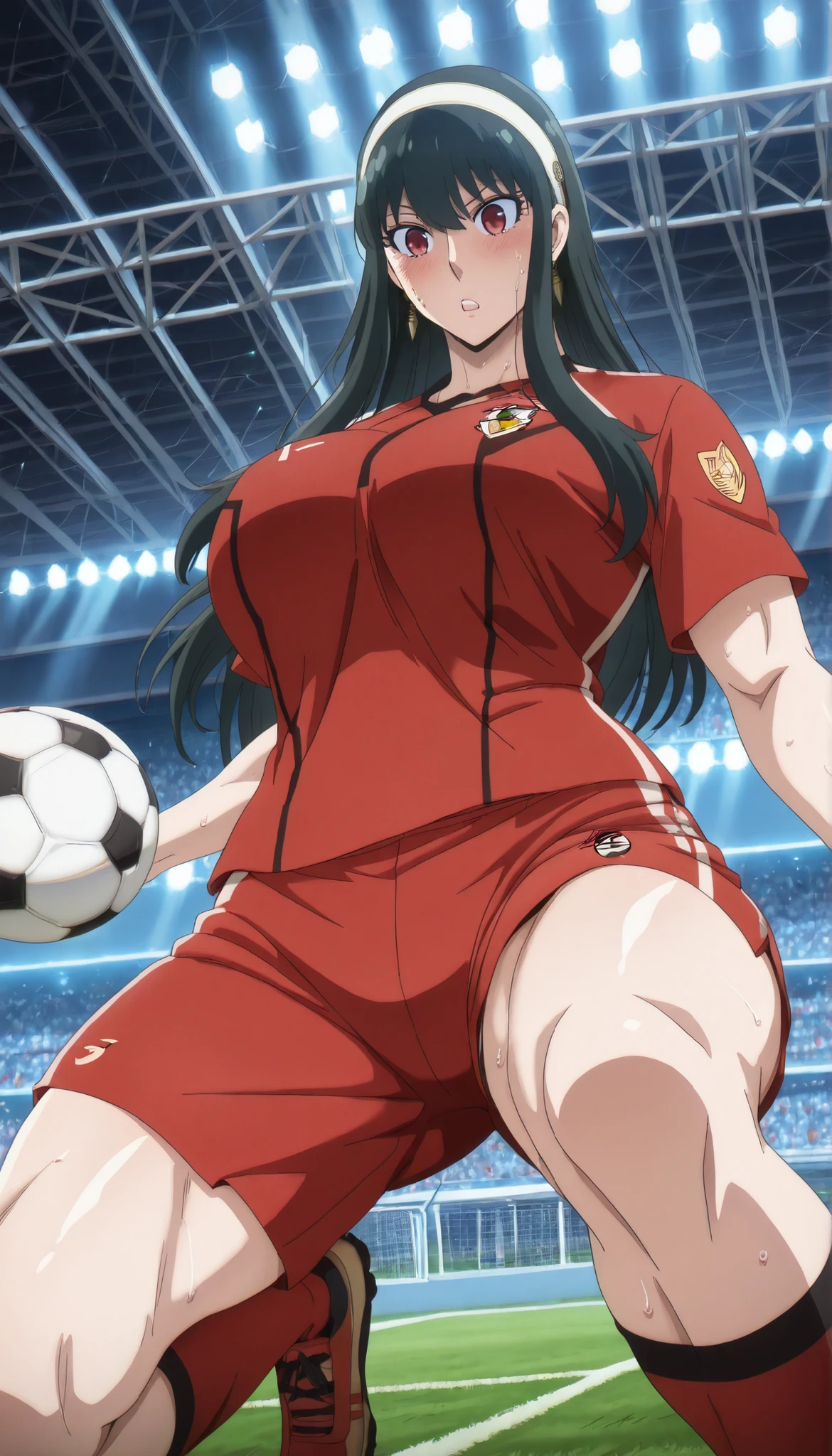 1woman, solo, Source_anime, soccer ground, wearing Soccer jersey, soccer shorts, socks, Soccer shoes, Soccer ball in ground, cinematic lighting, perfect lighting, detailed lighting, cinematic bloom,Quality_masterpiece, Anatomically correct, Beautiful face, Perfect face, Highly detailed beautiful face and eyes, Detailed face, Delicate facial features, Detailed skin, shiny hair, shiny skin, Huge breasts thick muscular thighs, wide curvy hips, fit body, delicate pattern, Mature female, Milf, Motherly, Sweating, yor briar, black hair, red eyes, earrings, white hairband, hairband, long hair, sidelocks, from below, dynamic angle