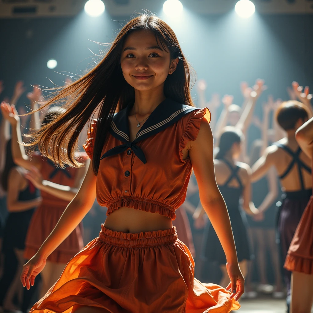 Dancing Woman、young and very beautiful、ideal figure、Big Breasts、long hair、big smile、sweat、sailor suit、concert stage、motion blur effect
