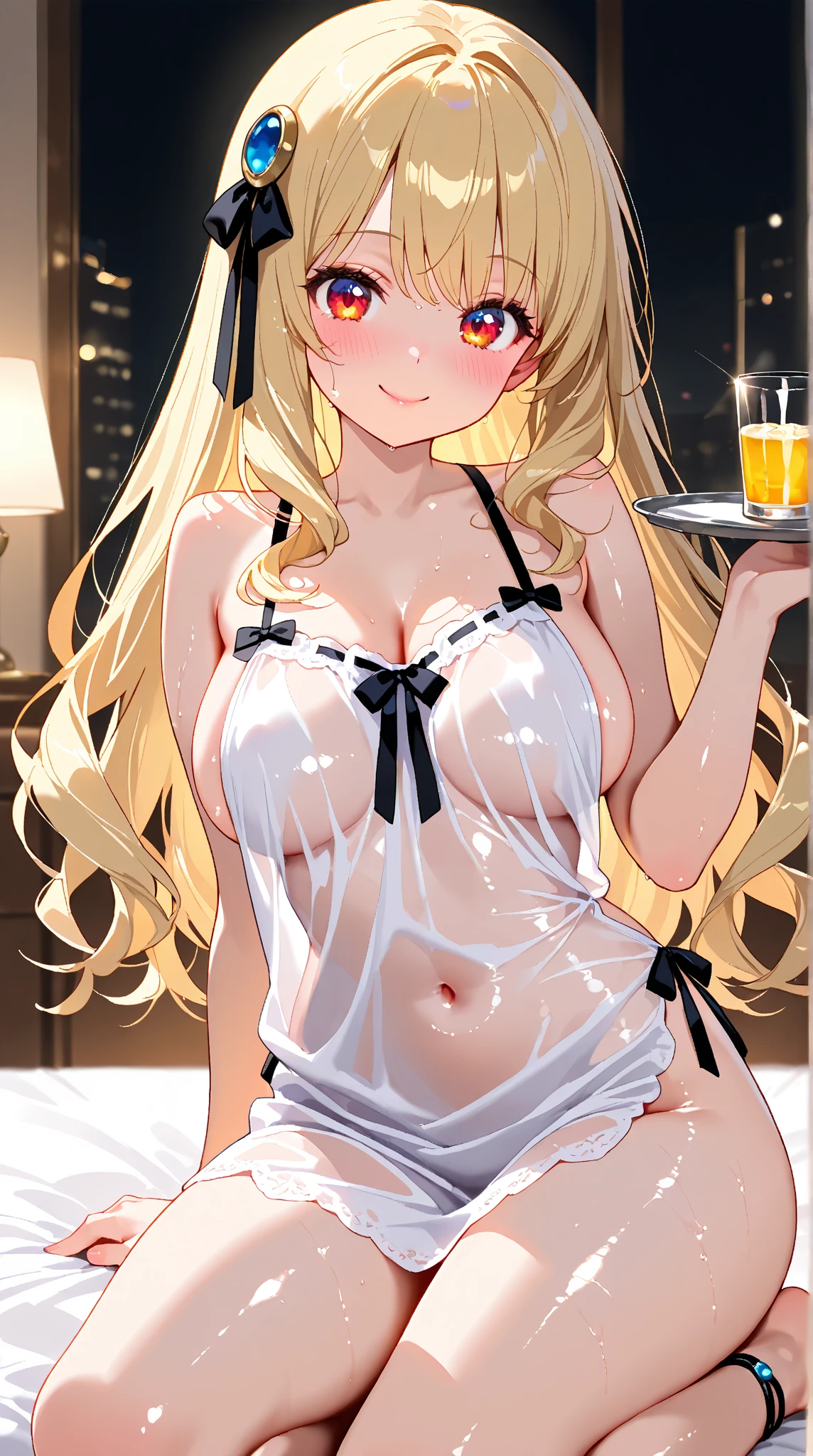 1girl、(((best quality)), ((masterpiece)), (details), masterpiece, best quality, high quality, ulutra detailed, perfect face, ((1girl, blond eyes, tiger ears: 1.3 blond long hair: 2.5,Mole under left eye：2.0))、Shiny Hair、Glowing Skin、Lustful look、China dress、Sideboob、Drinking Chinese tea、Stiletto heels、