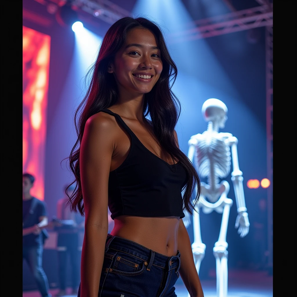 dynamic appearance of a woman、like々and beautiful ideal figure、Curvy Body、long hair、big smiles、Sweatskin、Sailor uniform、with the concert stage in the background、motion blur effect,4K,8K,Detailed depiction,pictures的リアリズム,HDR,Studio Lighting,exquisite texture,realistic,portrait of a human skeleton,pictures,high quality,bokeh,dynamic composition,vivid,Emotional color