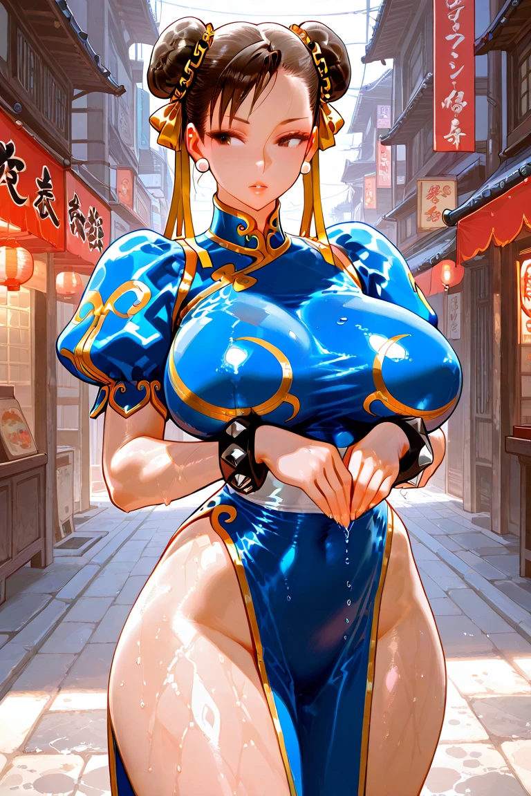 standing splits,Chinatown ,Chun-li, street fighter , 1girl, brown eyes, brown hair, short hair,  double bun,  bun cover , big breasts, thick thighs,  Chinese dress ,  Chinese dress , pelvic curtain, bracelet with spikes, earrings,masterpiece,best quality,absurdress,detailed skin,detailed face,anime screenshot,official art,amazing quality,very aesthetic,masterpiece, 4K resolution ,BREAK,wet skin and clothes ,shiny skin and clothes,