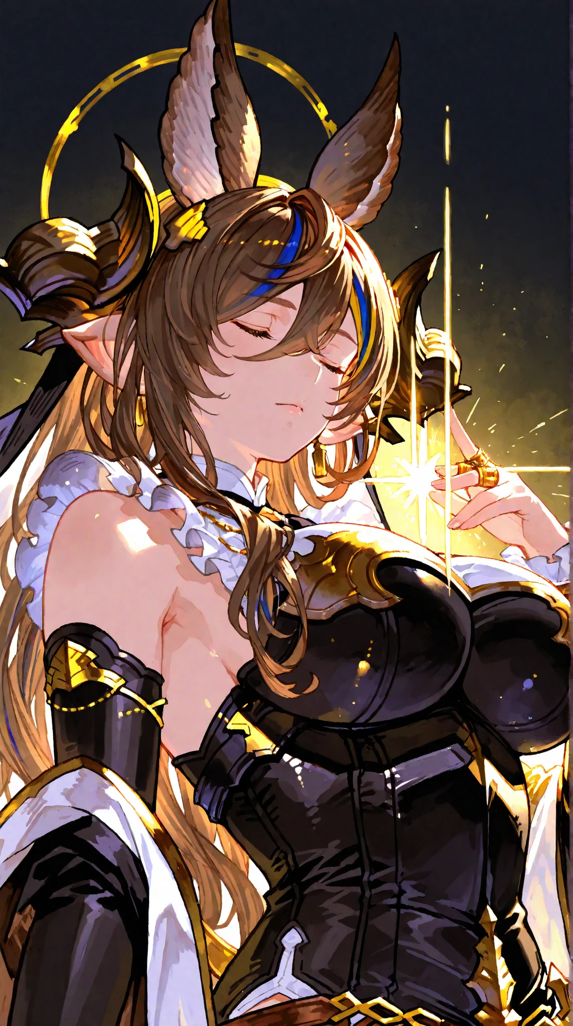 ((highest quality)), ((masterpiece)),(detailed),High resolution,Sharp focus,Perfect Face,{best illustration},
(非常にdetailed CG unity 8k wallpaper),(((Vibrant colors))),(complete anatomy),
1woman,Galleon, horn, close your eyes, Big Tits,curvy,Long legs,curve,Cleavage,
shiny 肌,very shiny 肌,Shiny body,plastic glitter 肌,exaggerated shiny 肌,illuminated skin,
((detailedなボディ)),(detailedな顔)), cute,Lewd,erotic,Bold,Camel Toe,
(Flying debris, 超High resolution),(((Brown and Gold Theme))),Wear an iridescent aura,
Invisible Light, Amazing shine, Neon yellow glow, The colors of another world,Bright colors,Gold decoration,
Long dress, White gloves, Frills, Removable sleeves, Frills袖, Brown knee socks,Absolute area, Thigh straps, flower, smile,
A halo made from earth crystals, A halo behind you,
((close up head)), (from above),covering chest by hand, embarrassed,
