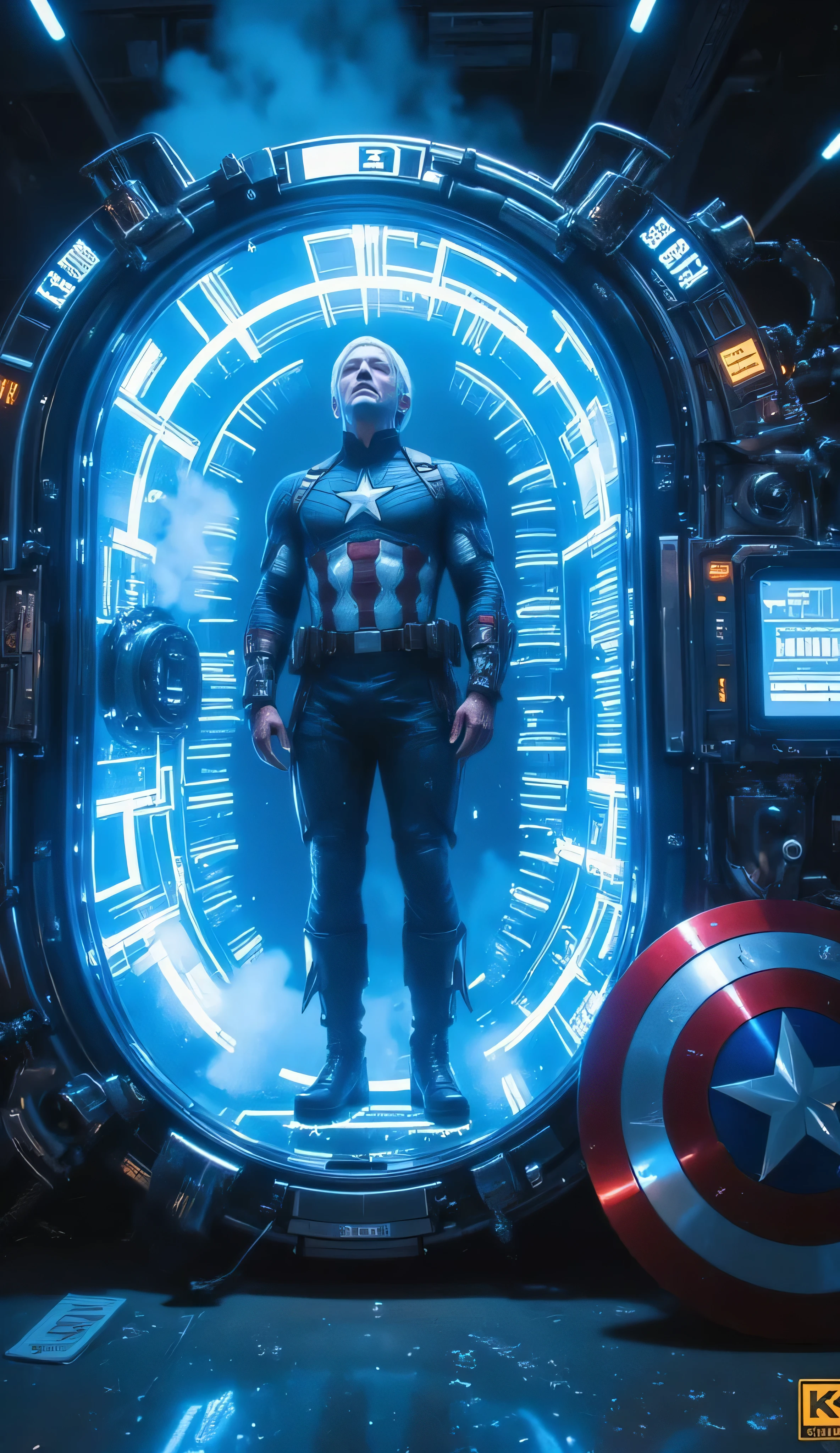 A hyper-realistic, ultra-detailed 8K cinematic scene set in Stark’s advanced workshop at night. In the center, an elderly Steve Rogers stands calmly inside a large, oval-shaped cryogenic capsule that is currently active and fully operational. He is wearing a slightly aged but iconic Captain America suit, his white hair neat, eyes closed in peace. The capsule glows with icy blue energy, with frosty vapor hissing from vents around its base. The transparent glass is partially fogged with condensation and subtle frost patterns. Internal cooling coils pulse with light, and indicator panels blink with life signs and system status. Just outside the capsule, Captain America’s shield rests against the structure, untouched. Blue-white lights and cold mist create a somber, reverent mood — a tribute to a hero entering timeless rest.
