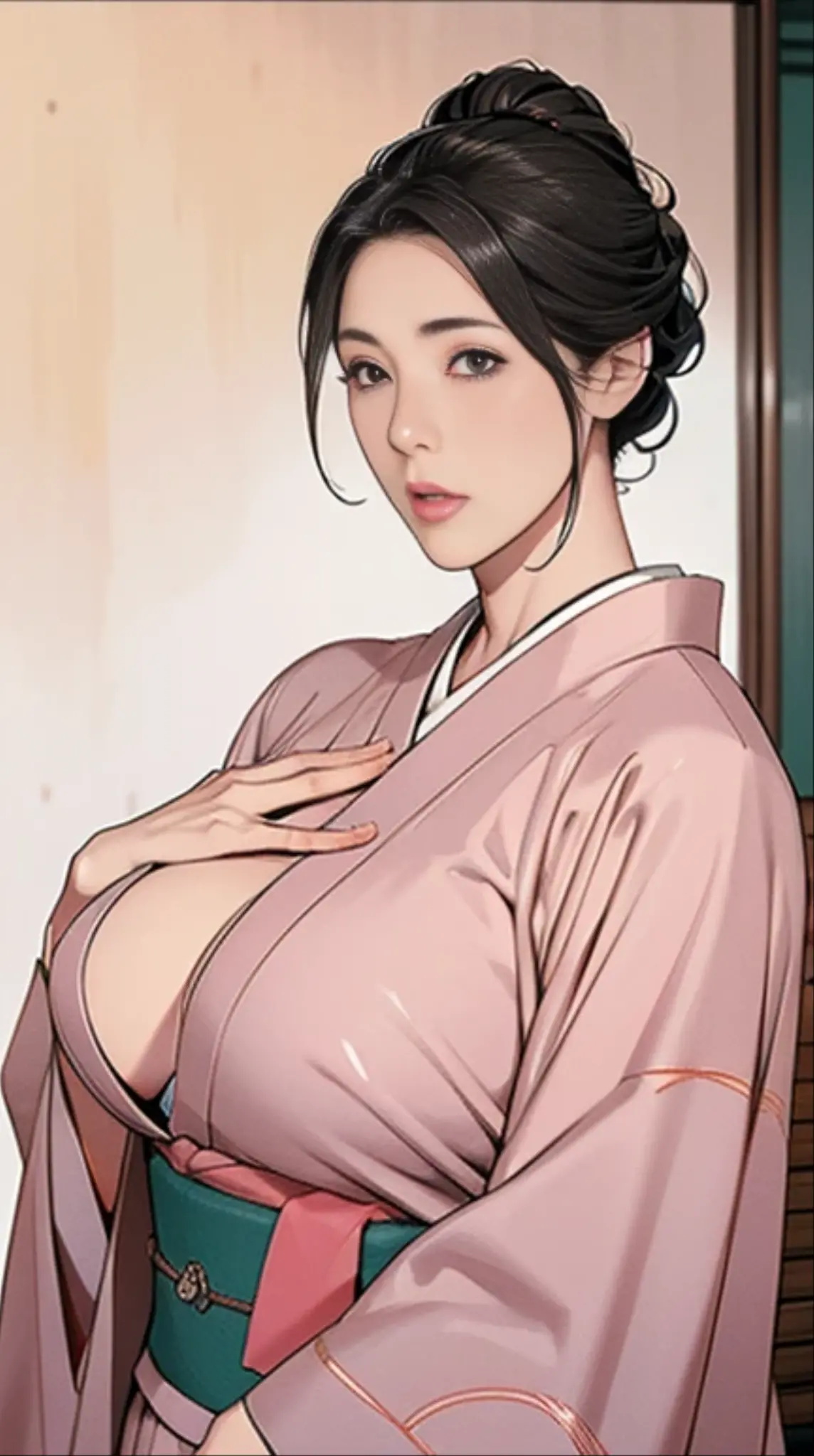 1,Japanese hairstyle,Photorealism,detailed,masterpiece,mature,((full)), (Broad shoulders), ((Huge)),Plus size mature women,expensive,30 years old,Pretty face, (Plump woman),Beautiful long-sleeved kimono,kimono,Hold your chest with both hands:1,high quality,Are standing,High Resolution 4K Information,Kyoto,