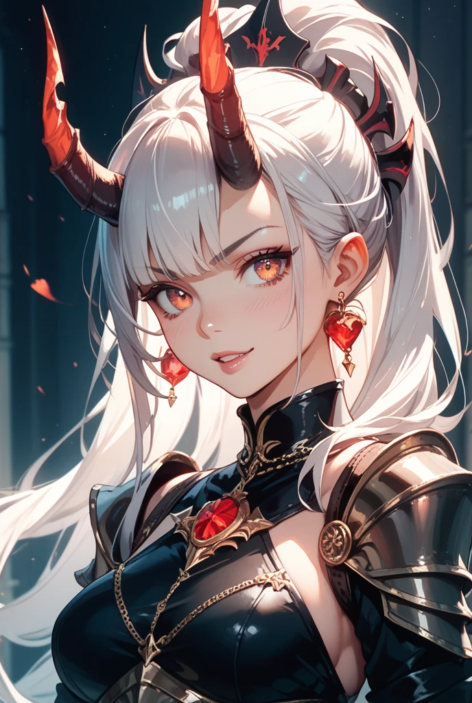 8k, masterpiece, 1girl, female executive of Evil Organization, beautiful villains, standing, giving some orders to subordinates, dynamic angle , dynamic pose, bewitching, super cute, pale skin, detailed skin texture, healthy, heart shaped pupils, smiling full of confidence,caring smile , odd eyes, dazzling blonde hair, (opened mouth , cute fang :1.5), GOAT horns on her head, ( tattoo on face:1.3) , medium large breast, wearing gorgeous costume of dark image, glossy jewelies on it, wrapped in a pale flame