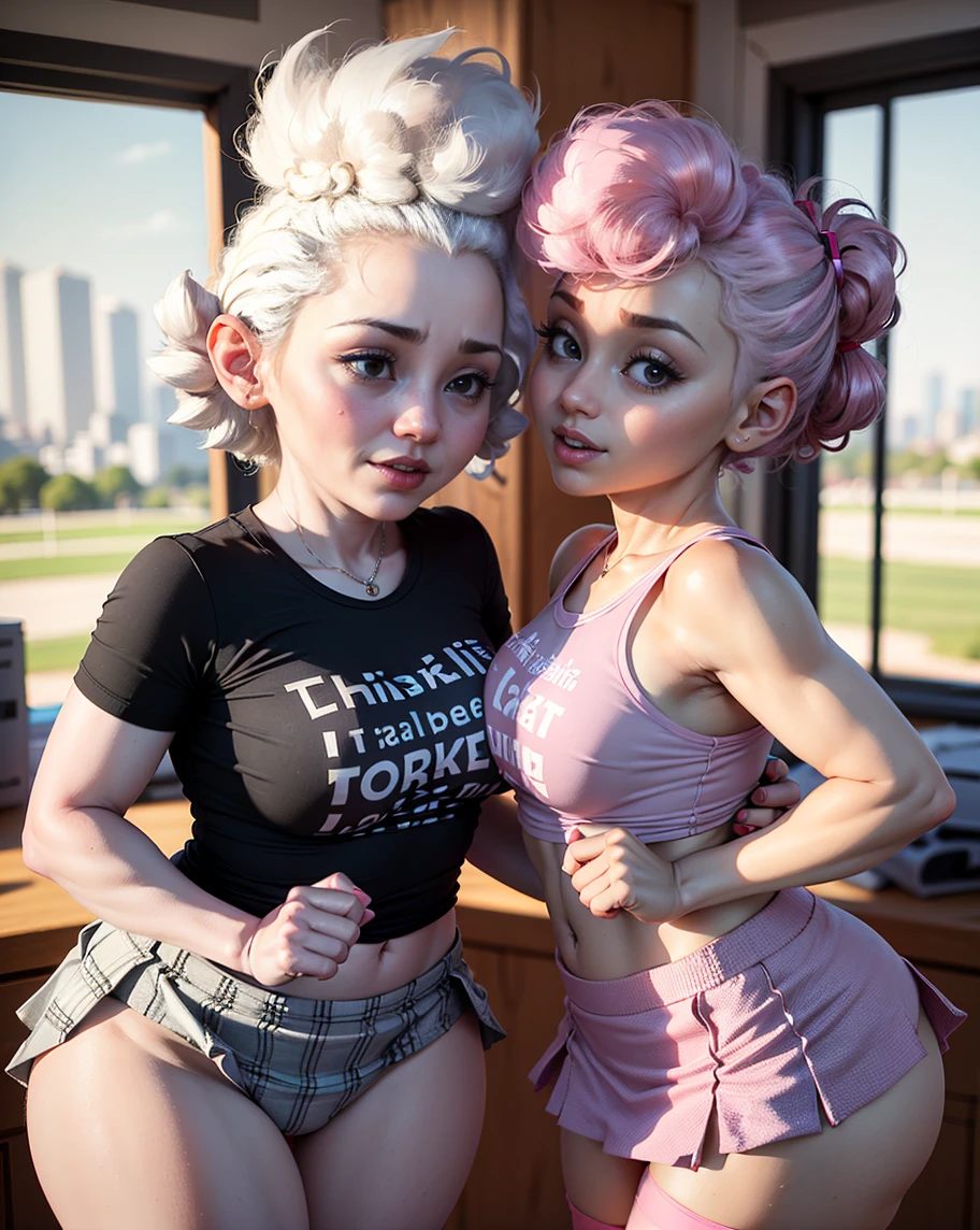 ((2heads)),masterpiece, fat,chubby, unathletic,best quality, ultra-detailed, illustration, kawaii, detailed light, blush, Highlights hair, blond hair, beautiful detailed body, detailed sparkling eyes, 1woman looking back, showing skin, showing buttocks, full view of buttocks, bare thighs, perfect limbs, glasses, low-rise underwear, line up, pink blazer, in office, in heat, happy, viscous white liquid spread all over skin