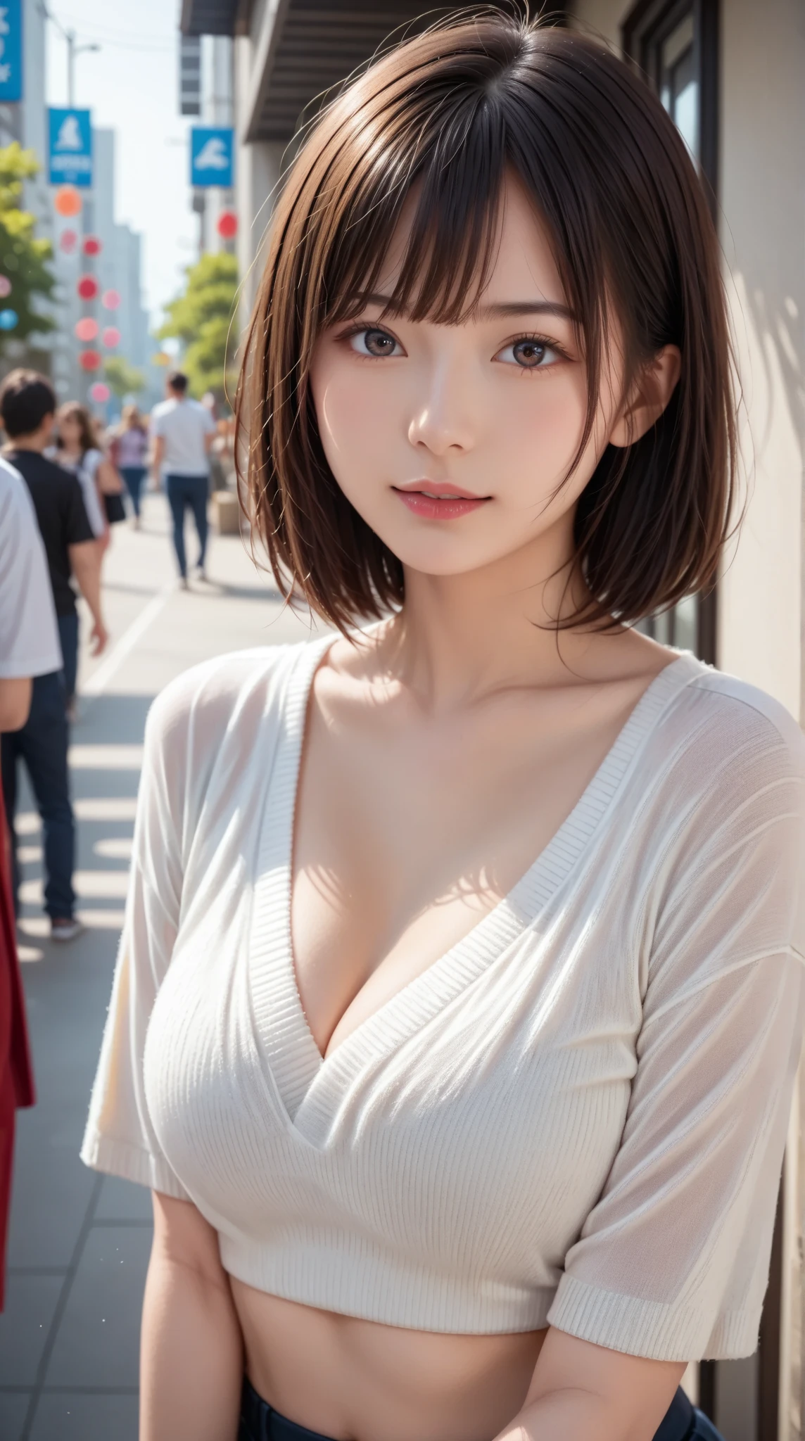 Masterpiece, Best-quality, RAW-photo, Ultra-High-Resolution, Photorealistic,
(Anatomically correct, -yeld, Restic Japanese girl, photographer's lover, She truly loves photographer, baby face,e, Perfect body, slim waist and busty body, Slender legs, Large breast, Realistic skin),
((teat, Nipple protrusions through clothes, Wear White blouse, navy pleated skirts:1.3)),
(maiko, Round face, Black hair, Moist eyes, Shining eyes, Short bob cut, Bangs, Down-slating eyebrows, one little earring, Light blush),
(See photographer, look at viewer, standing, turn the body forward),
(goddess smile, pamper someone you love, facial expressions that seduce men),
(Huge park, lots of people around),
Natural lighting, full length