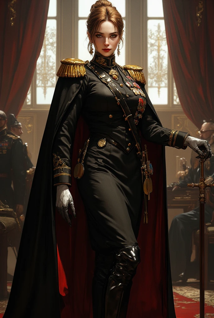 (The Masterpiece:1.2),best qulaity,high - resolution,Unity 8k wallpaper,very detailled,perfect litthing,a woman in a military uniform standing in front of a crowd, Valentina Shuffle, astri lohne, krenzcushart, portrait of a mad general, alexandra fomina artstation, style of raymond swanland, author:Conrad Krafick, surikov, gilded black uniform, epic exquisite character art, Inspired by Victor Mosquera
Look at the audience,独奏,rspective,full full body,God, God