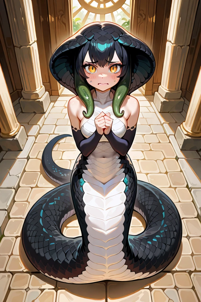 (best quality,highres),dark-skinned,black-snake tail,long black hair,shoulder-length hair,narrow pupils,red eyes,lamia, boys