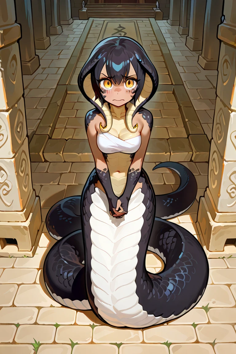 Snake woman, medium breasts, defined, long black hair with a bluish tip, long sharp nails, dressed in wild costumes, background of a temple in ruins Several men turned to stone
