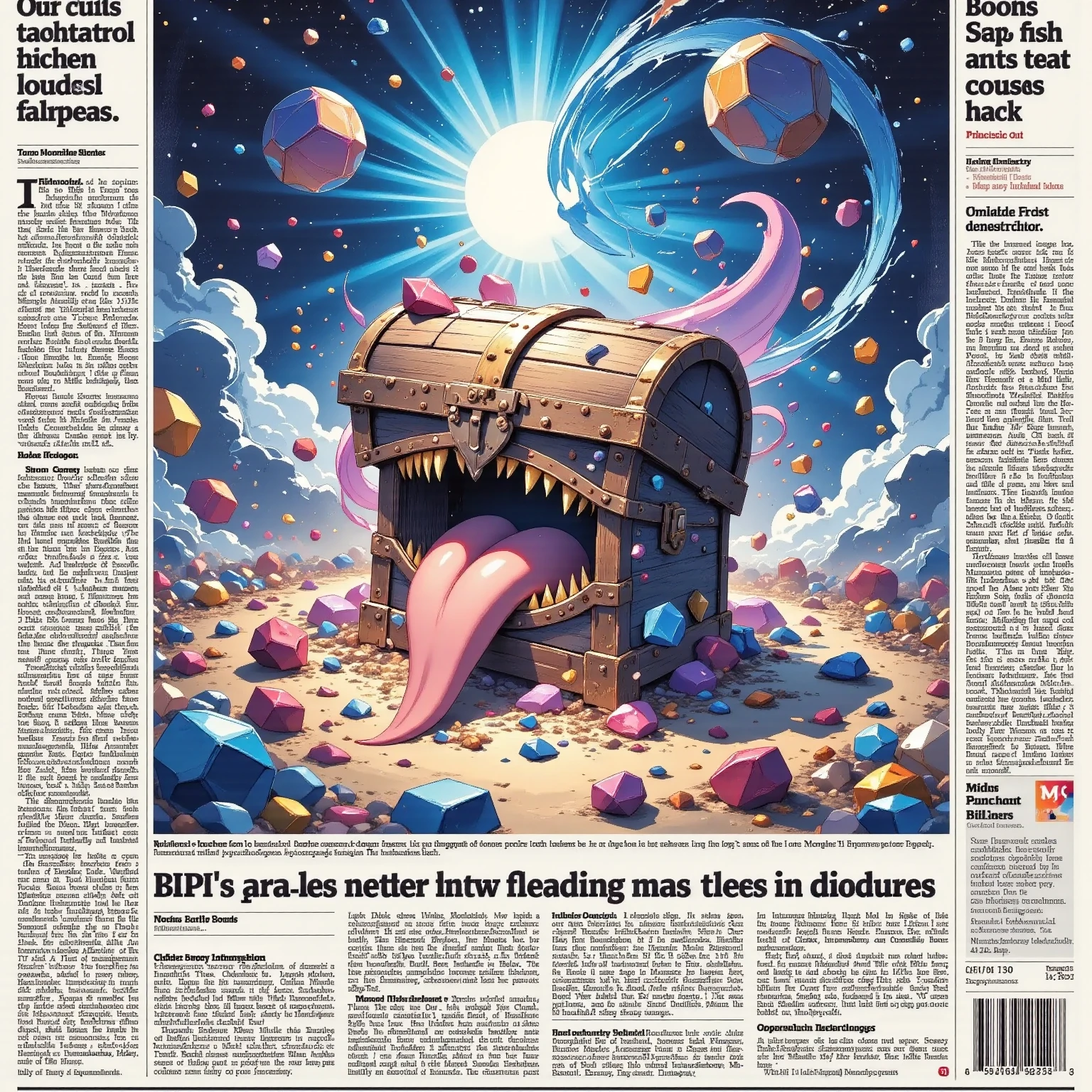 Newspaper,front-page news,(((huge headline text“thank you for 40k favorites“))),There is a photo frame that takes up two-thirds of the page.the photo is a  Treasure Chest Monster,Mimic ,watercolor style