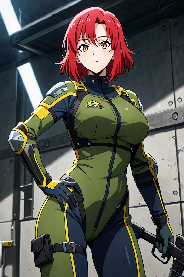 <lora:Tamaki_irie:1>masterpeace,best quality,Tamaki_irie, 1girl, solo, short hair, large breasts, red hair, gloves, brown eyes, covered navel, skin tight, black bodysuit,white shoulder,breasts squeezed together,chest,strap,outdoor,street,standing,full body,hand on hip