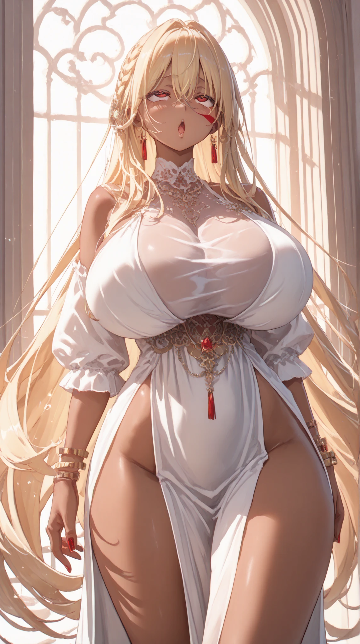 (masterpiece, best quality, perfect face, (beautiful and aesthetic:1.2), extremely detailed, highest detailed face), (beautiful girl, (long white hair:1.4), (vivid golden eyes:1.2), (pale skin:1.2), (black horns:1.2), pointy ears, (fake breasts:1.2), huge breasts, (narrow waist), (thicc thighs:1.3), (narrow hips)), long legs, (slender body:1.2), (corset, (platted skirt:1.2)), (dark fantasy theme, dark chamber), (night:1.4), dimly lit), sexy pin-up pose, looking at viewer, full shot, solo, (elegant, intricate, detailed digital art, high quality, 4k, extremely detailed, sharp, CG, 2D, dramatic light, HDR),