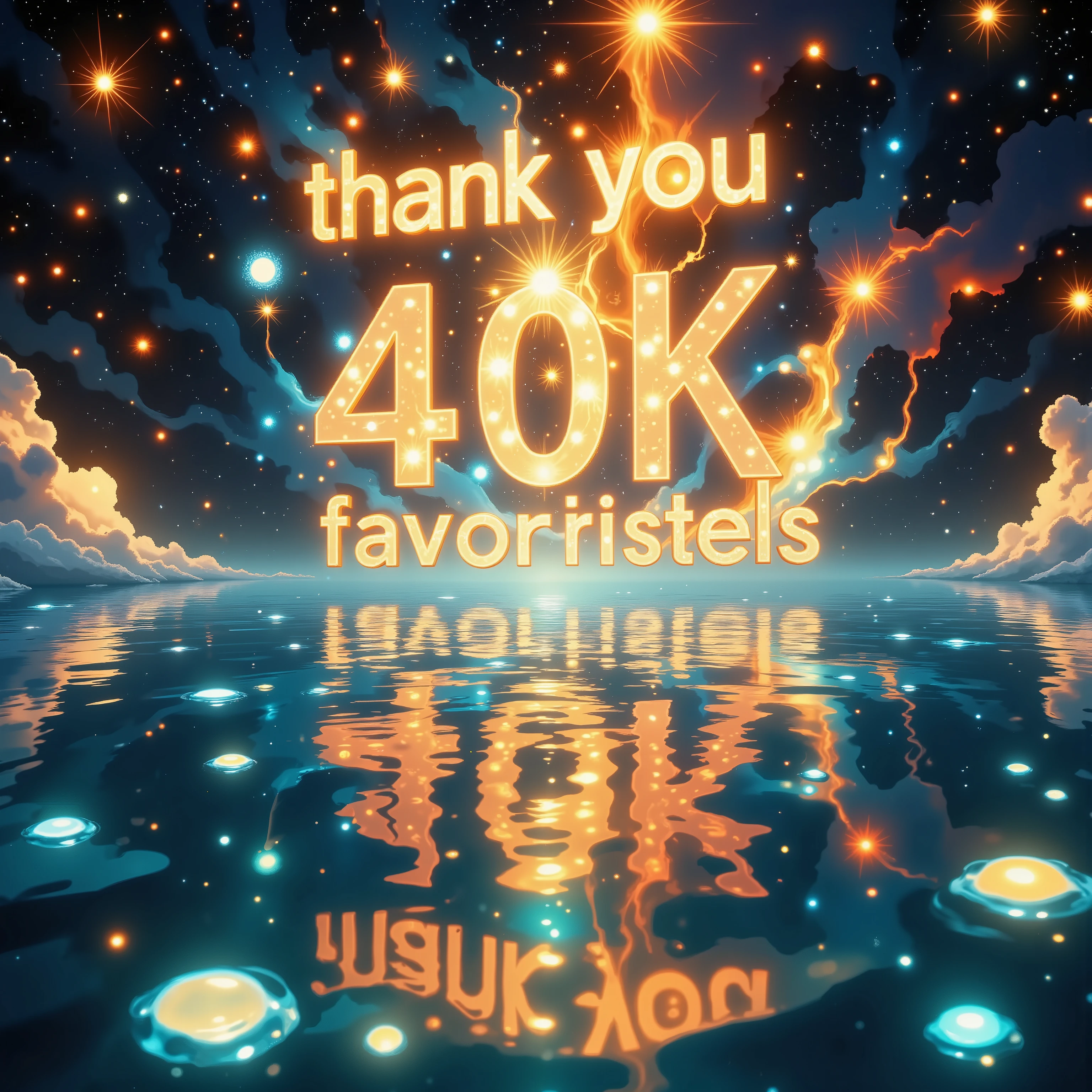 (((article, "Thank you for 40K favorite ", Add text"Thank you 40K favorite", hologram huge font))) , images of fantastical water, with images of beautiful reflected in it. ,wave ,ultra clear colors , Mystical,various colors,gradation,lighting ,cat
