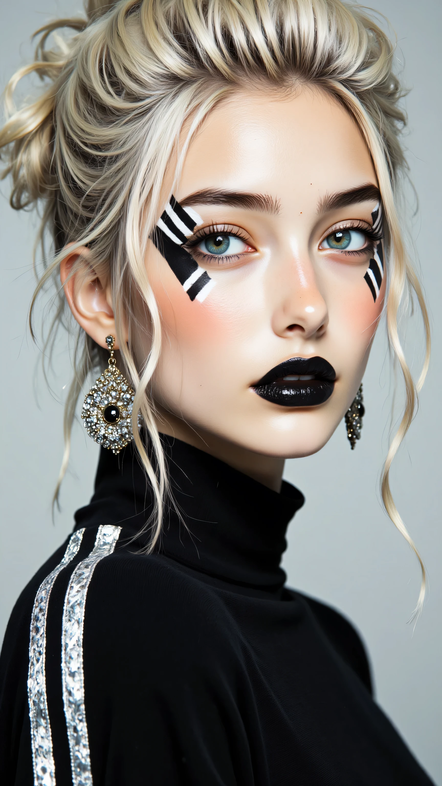 8k, Masterpiece, Top Quality, woman, close-up, profile view, looking at viewer, light colored hair, styled upwards hair, striking geometric makeup, black and white diagonal striped makeup, bold black lipstick, light colored eye, unique elaborate dangling earrings, black top, textured stripes on shoulder, high neckline, light grey background, soft flattering lighting, high fashion style.
