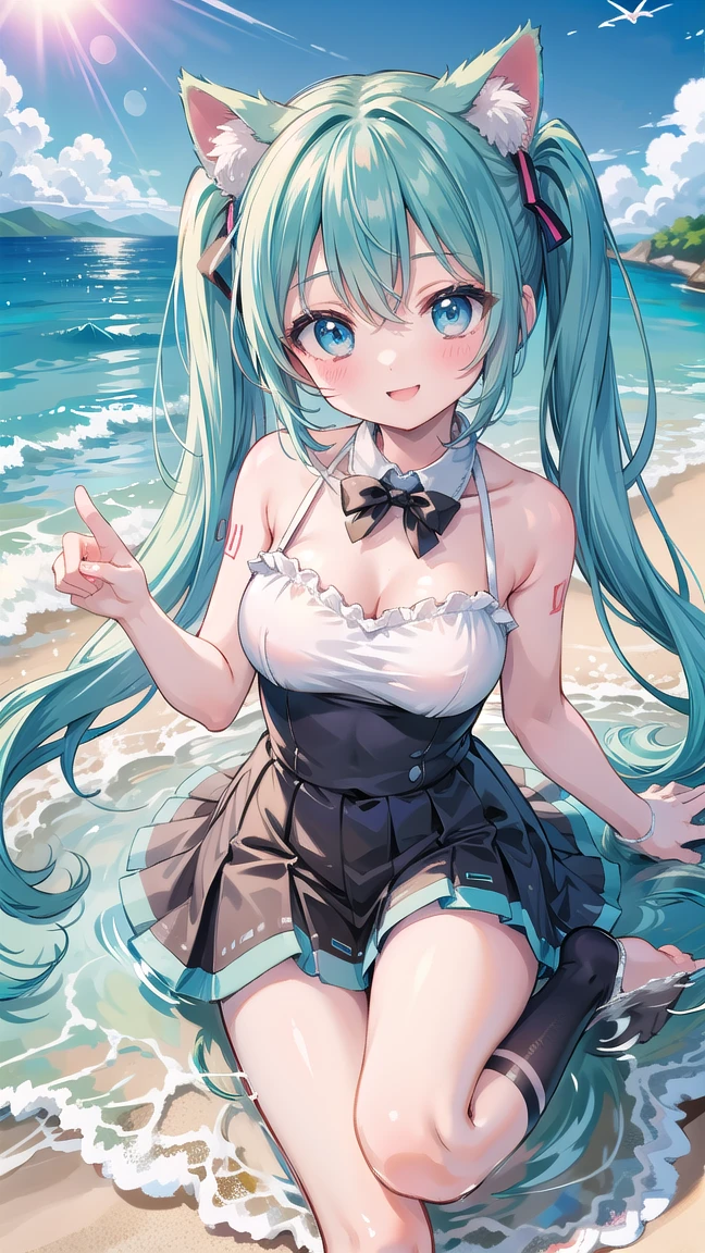 anime, 1 girl, (Hatsune_Miku), long hair, blue hair, hair ornaments, smile, Pause , Blue Bunny Costume, rabbit ears, rabbit tail, bare shoulders, strapless, thighs thighs thighs, glittering background、squatting with legs wide open、ecstatic expression、Too exposed、Squatting with crotch open、blush、エロいPause、Toro face、