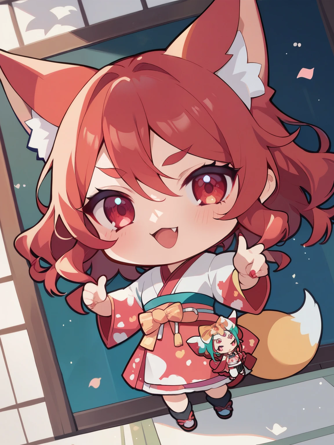score_9, score_8_up, score_7_up, score_6_up, source_anime, nsfw,( chibi:1.4),White Fox red tattoo rising golden aura Great Tail Transform A girl in a crimson eyes Happy red face Japanese Kimono,Pretty Cure Style,glitter,