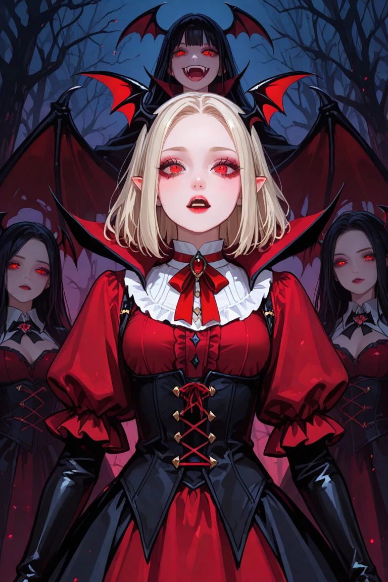aa portrait of vampire with a bloody tear coming down from he eye, an exotic beautiful female vampire, blond hair color, dynamic hair style, ultra detailed face, best detailed face, dynamic eye color, ((1single red teardrop, teardrop made of blood coming down from the eye: 1.3)), small cleavage, wearing two black diamond earrings, Ultra-high resolution, High Contrast, (masterpiece:1.5), highest quality, Best aesthetics), 16K fantasy art, best details, best quality, highres, (ultra wide angle: 1.2), 16k, [ultra detailed], masterpiece, best quality, (extremely detailed), ladyshadow, magical sky, crying style