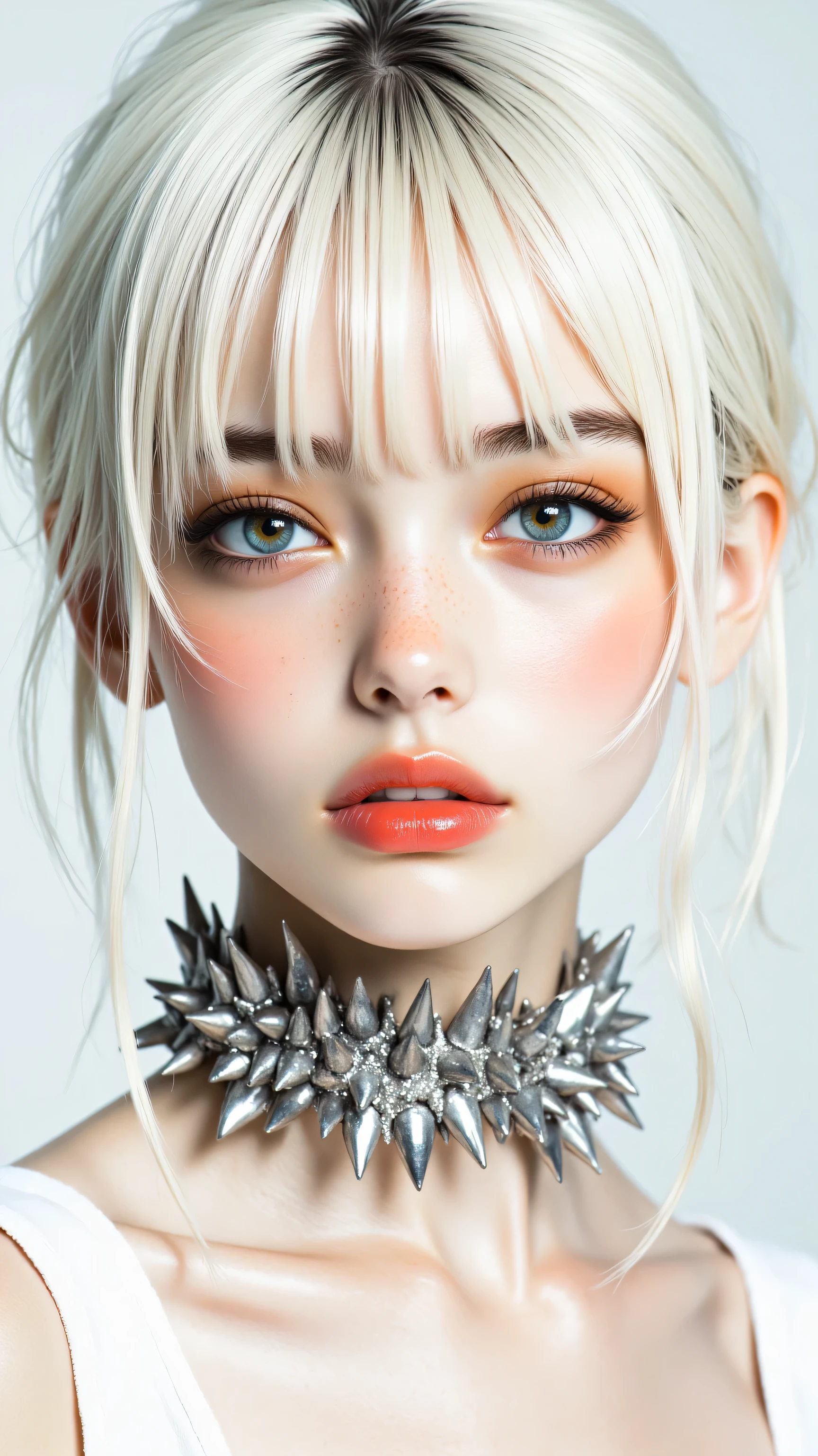 8k, Masterpiece, Top Quality, frontal, close-up shot, woman, short platinum blonde bob, straight bangs, pale skin, light grey eyes, vivid orange eyeshadow, vivid orange lipstick, dark eyelashes, metallic silver spiked neckpiece, white top, plain light background, bright studio lighting.