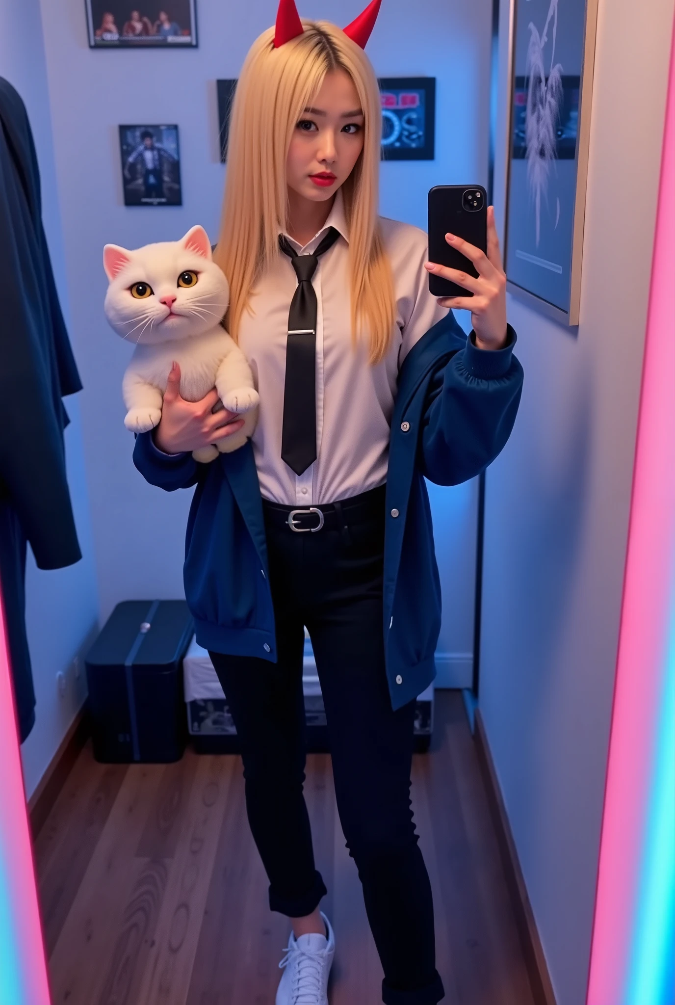 Candid mirror selfie of a stylish 22-year-old Japanese woman cosplaying Power from Chainsaw Man, standing in her bedroom. She has long straight blonde hair with visible red horns, wearing a white button-up shirt slightly open at the neck, a black tie, black pants with rolled-up cuffs, a blue oversized jacket, and white sneakers. Her expression is mischievous and confident. She holds a plush cat (Meowy) in one arm and her phone in the other, taking a casual selfie. The bedroom has soft ambient lighting with LED accents, gaming decor, and posters. Realistic lighting, mirror selfie angle, phone camera quality, anime-accurate cosplay.