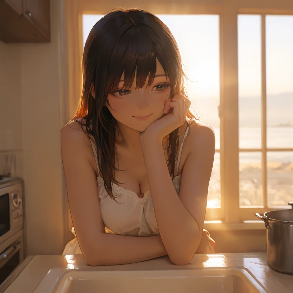 (high-definition images, atmospheric perspective, 8k, super detail, accurate, best quality), a woman, (drooping eyes, blush, ecstasy face), hit her crotch against the table edge for masturbation, near the beach, she has pubic hair,