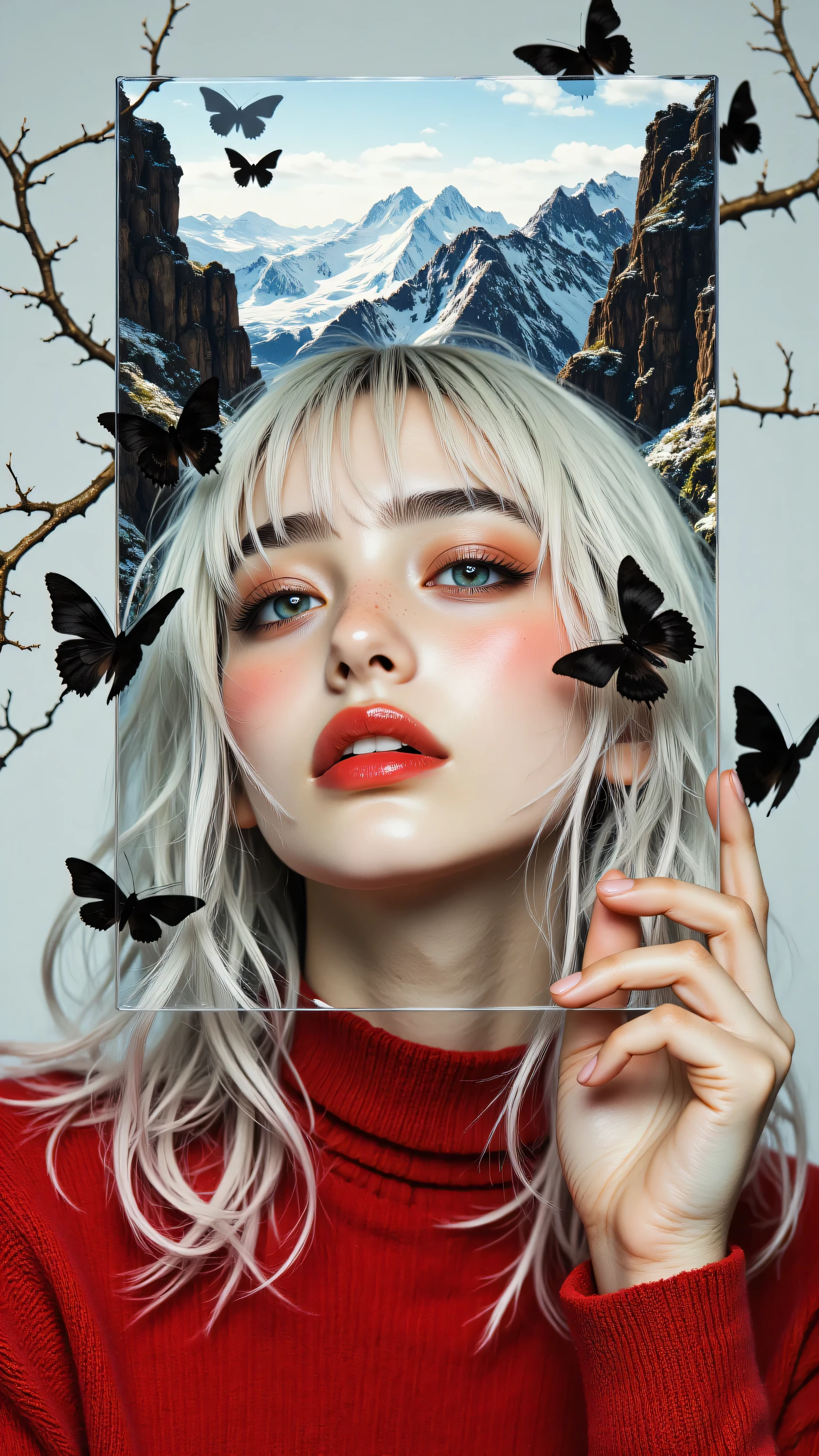 8k, Masterpiece, Top Quality, woman, upper body shot, eyes closed, white wavy hair, bangs, red eyeshadow, red lipstick, holding clear rectangular frame, reflection of rocky mountain landscape in frame, reflection of woman's face in frame, black butterflies surrounding, thin thorny branches, red turtleneck sweater, surreal composition, soft lighting.