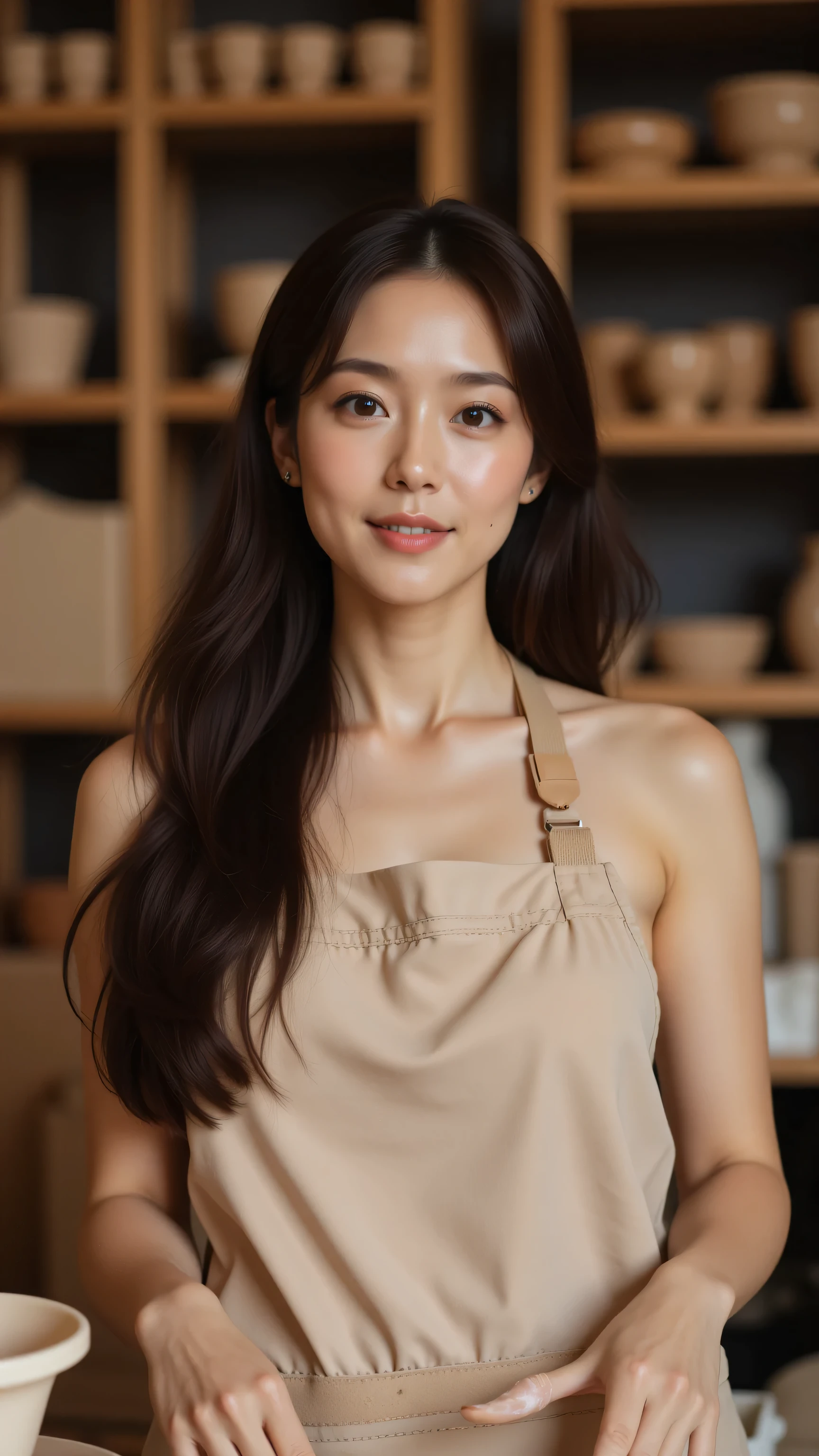 8k, Masterpiece, Top Quality, medium shot, angled view, beautiful Korean woman, long dark brown wavy hair, partially swept back, fair skin, dark brown eyes, gentle direct gaze, natural makeup, rosy lips, beige work apron, clay smudges on arm, standing at pottery wheel, pottery studio, wooden shelves with ceramics, warm soft lighting.