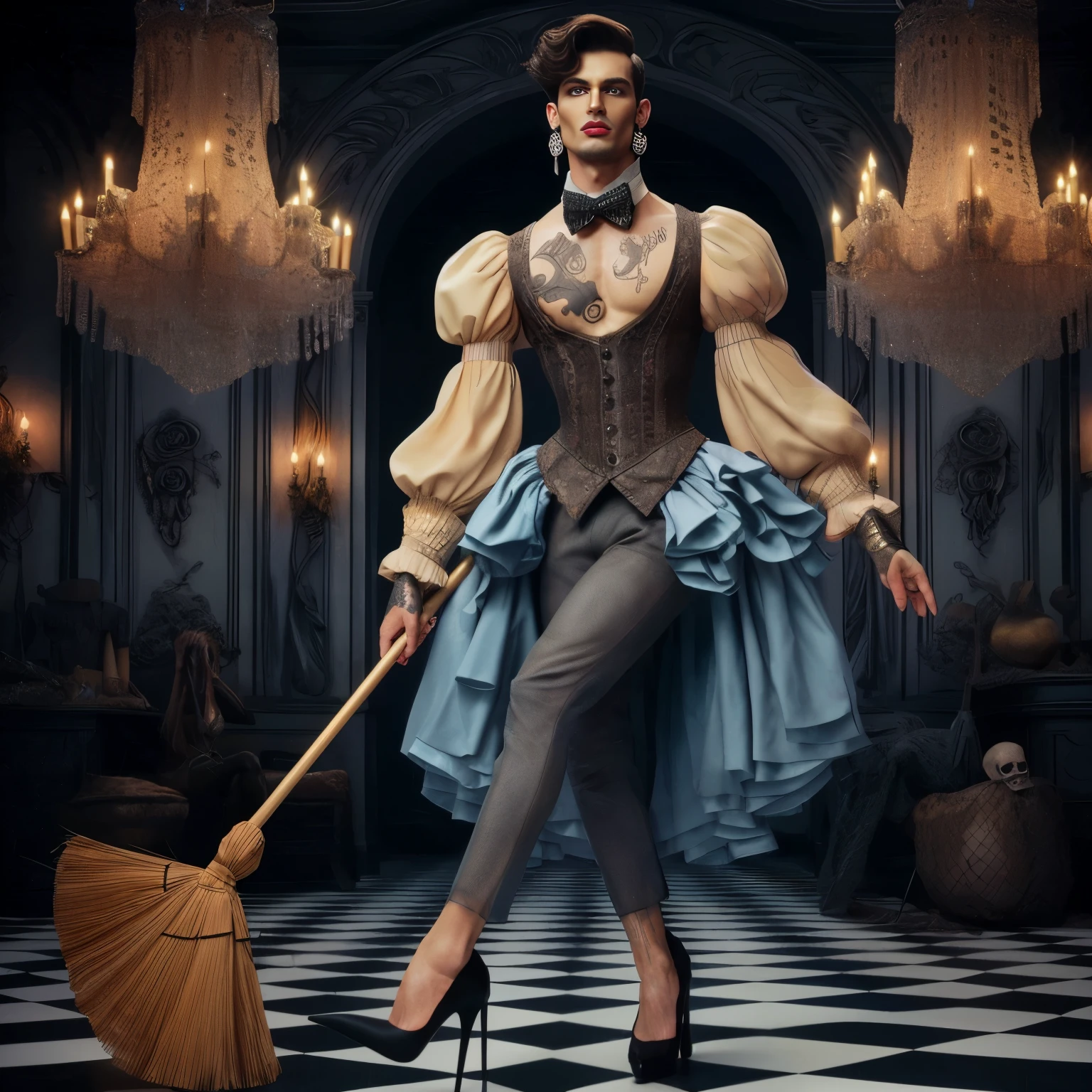 A masculine muscular hunk man with very short hair, lingerie, gaff, black nylon stockings with lace top, padded bra, extreme black stiletto high heels and with metal heels and pointy toes garterbelt, with makeup, fake nails and fake eyelashes, long earrings, bra,