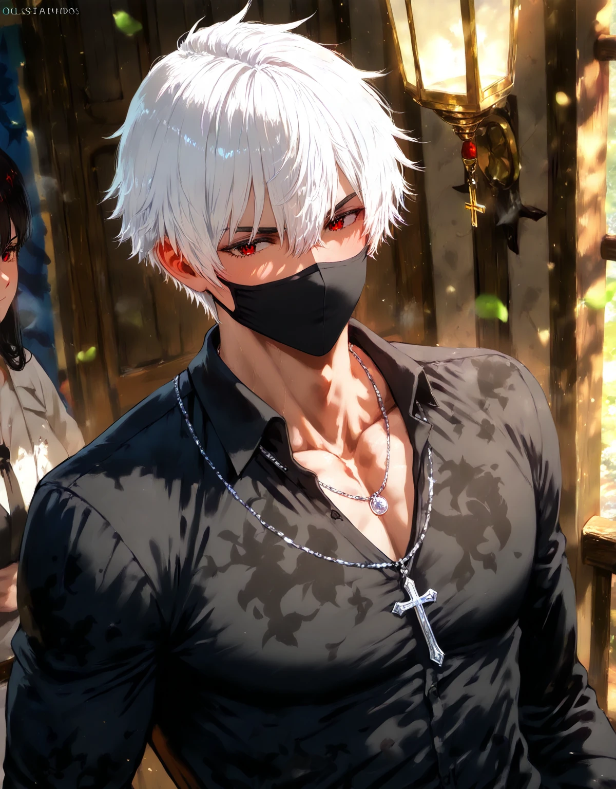 Handsome antique boy head, dashing, cloth blindfolded, white bandage on hands, wearing earring necklace, blue tone, cold, silver hair, face closeup, dark background, portrait