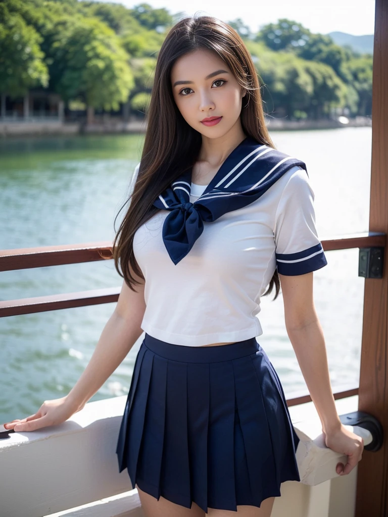 8K raw photo, Best quality, masterpiece, ultra high res, 3d, realistic, 1girl, asian, black_hair, black_sailor_collar, long_hair, nose, school_uniform, serafuku, natural skin texture, light brown_eye, detailed eyes and face, lips, lipstick, smile, beautiful legs, enormous breasts, beautiful seaside location, (detailed background), plaid skirt, white shirt, enormous breast, blurry background, short sleeves