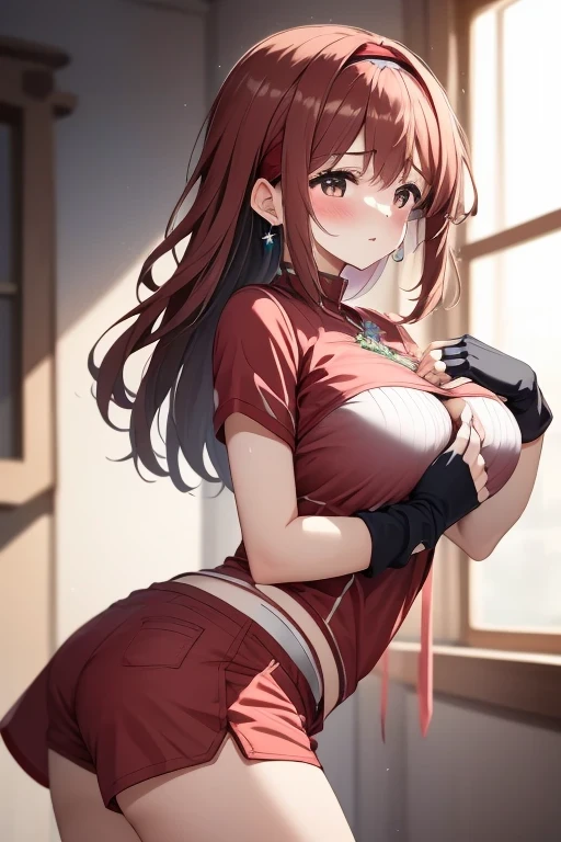 (8k, RAW photos , masterpiece, very detailed, Highest Quality, professional lighting, high definition), BREAK beautiful adorable girl, Piradev, headband, earrings, chest jewel, impossible clothes, Fingerless Gloves, red shorts, An ugly man hugs you from behind、Molester、An ugly man rubs his chest、Side View