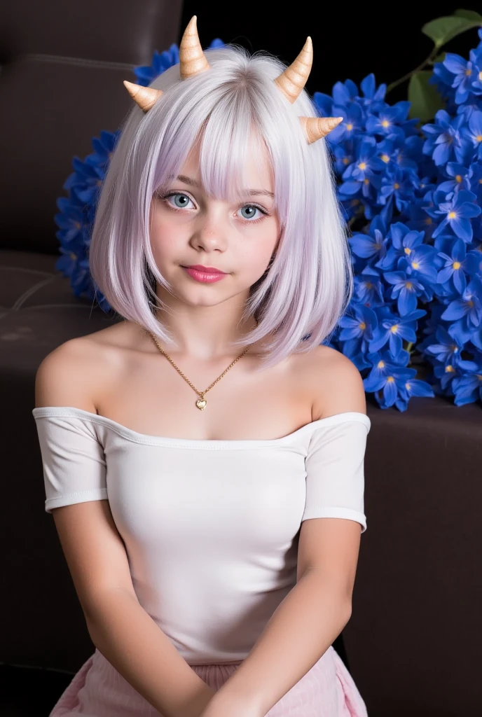 A girl with short white hair. She has green eyes. She has rabbit ears a nd a rabbit tail.