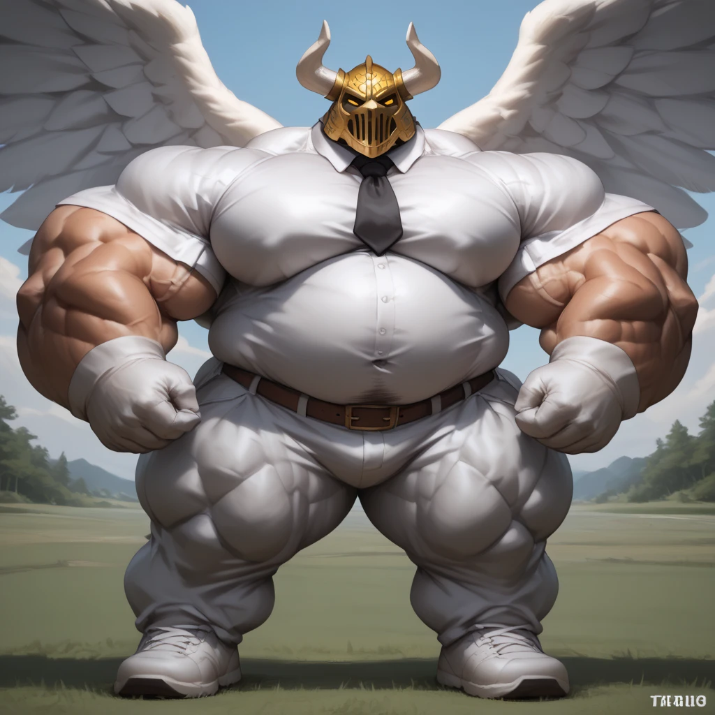 He has enormous muscles, muscles so big they make his head look small compared to his body. The muscles of his shoulders are so big and inflated that they seem to surround his head and make it look small. His legs are more muscular and enormous, They are twice as long as those of a normal body, and these are three times larger and more muscular., His thighs look especially more developed and inflated with muscles which he wears a pair of extra-long white Nike football stockings that he wears stretched up to his knees and white Nike Air Max 97s.. The stockings should be very long and should be super stretched so that all the muscles in the god's legs vibrate.. He has short hair and white eyes He is standing with his legs together and striking a double bicep pose. The white stockings must be super stretched to cover the entirety of his leg and thigh muscles. He wears short black leather briefs decorated with gold studs at the waist and a tight, shiny, long-sleeved leather shirt with gold detailing on the collar and sleeves. He wears a long flowing white cloak.. He is levitating above a crowd of people who are super small and whom he crushes with his feet.. The power of God surrounds him in the form of an aura that makes him appear imposing..