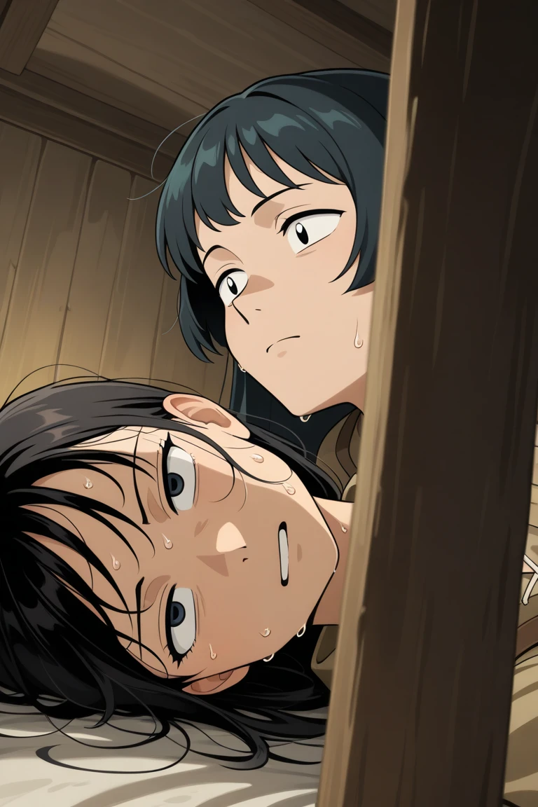 1girl, seras, ahoge, blush, straight-on, in heat, aroused, naughty face, open mouth, tongue, plump lips, heavy breathing, upper body, face focus, (arms at sides), black hair, sweaty, 1boy, large penis, long penis, testicles, penis awe, (penis over eyes), penis on face, foreskin, saliva drip, muscular, colorful, hdr