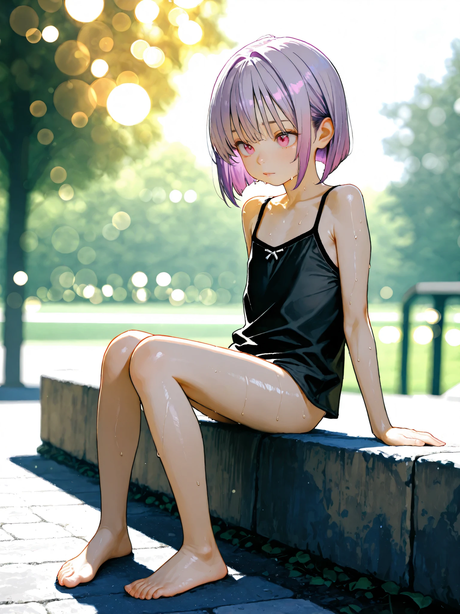 short girl, 1 girl,is young, flat chested,realisticな外観, big pink eyes, short bob、Two-tone purple hair and gray hair、Black Camisole、naked、Outdoors、full body、sweat、細部にこだわったrealisticな影、movie stills, real、Highest Quality, realistic, 4K Rendering, ultra-fine texture, professional , bright color, Bokeh