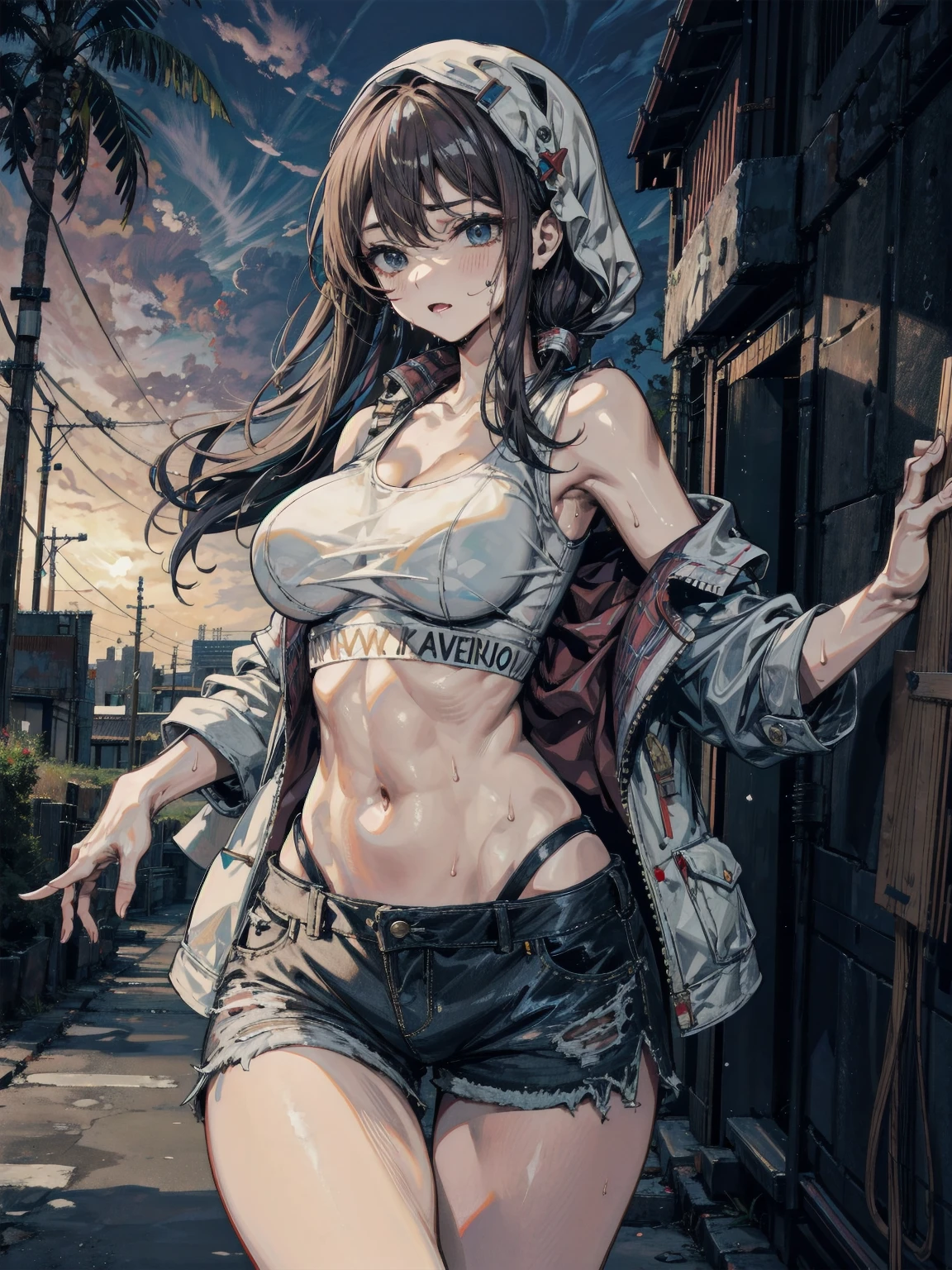 Anime, (((destroyed town, collapsed school))), from side, brown hair, brown eyes, medium breasts, chest sarashi, (torn clothes), bottomless, show off pussy, disdain, contemptuous, disgust, scared, cry, skyporn, Nipple Tweaking, Areola, perfect nipples, puffy niples, nipples through, ((best quality)), spread pussy, sexual fluid, pussy juice, drooling, dirty skin, bare nipples